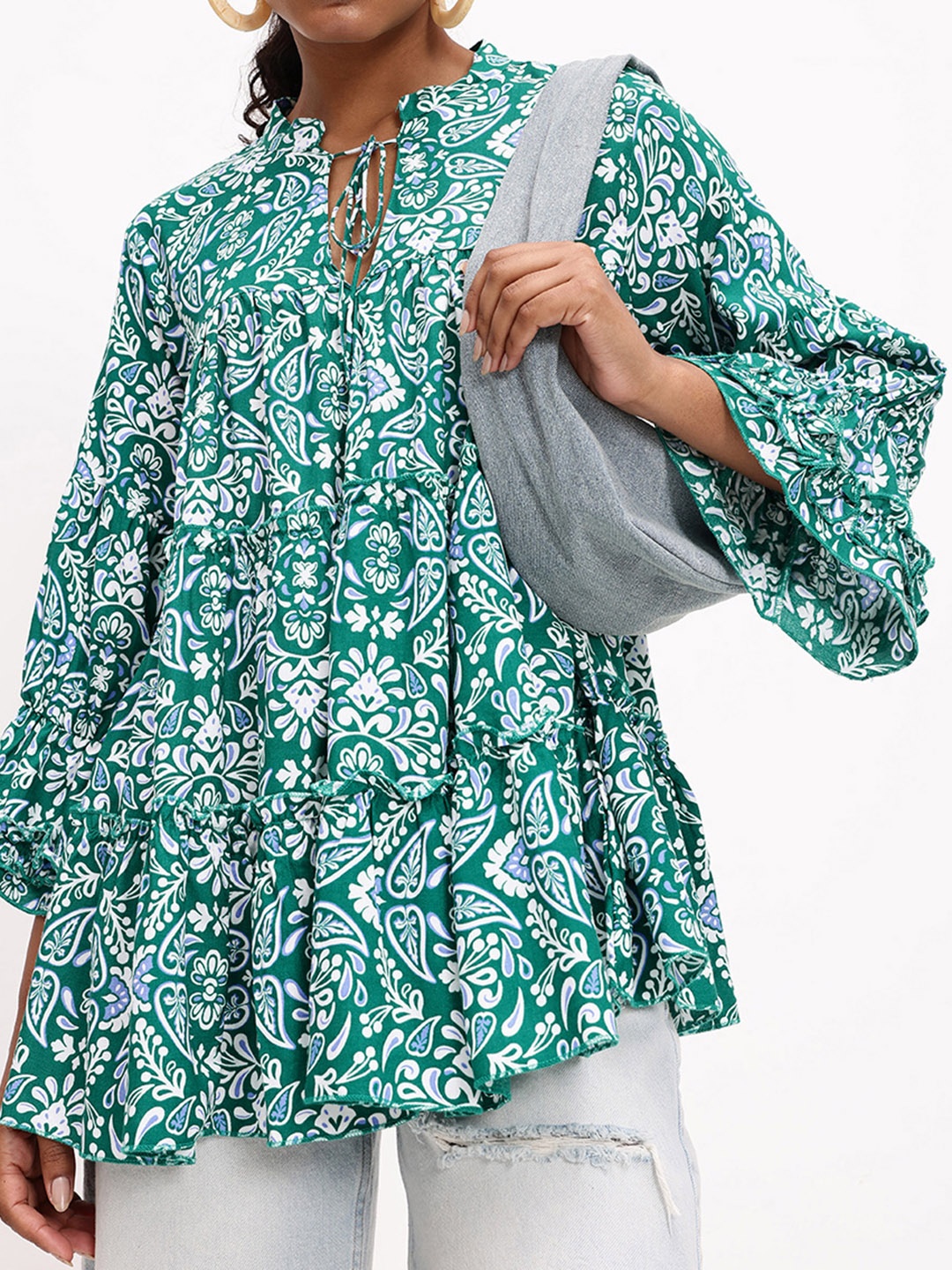 

DressBerry Vintage-Inspired Paisley Print Tiered Top, Green