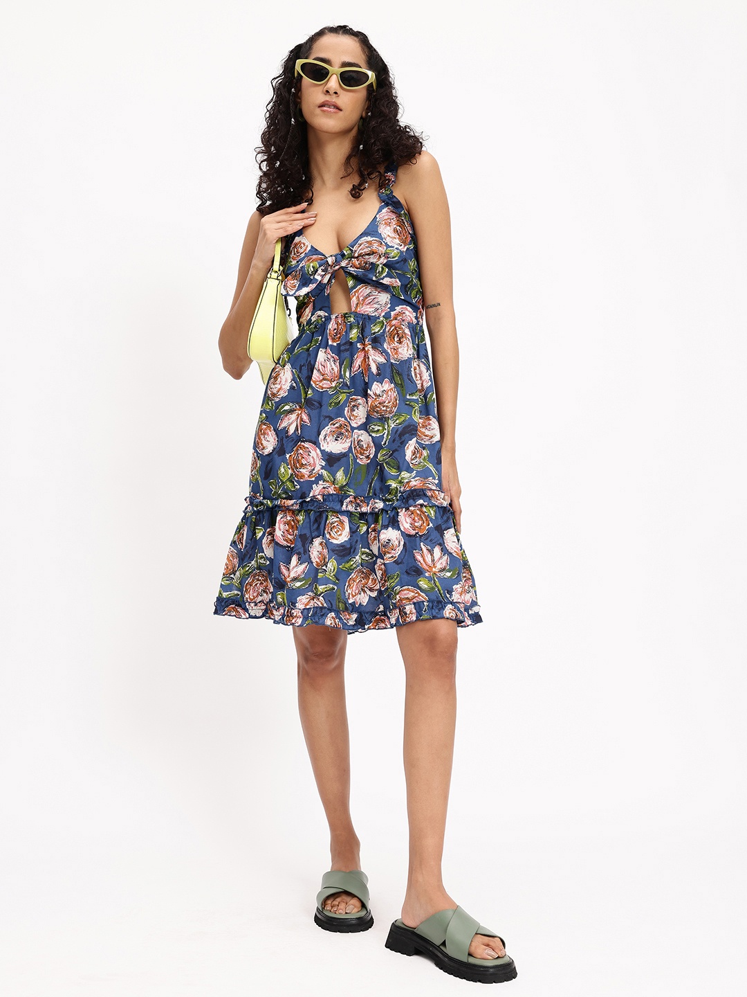 

DressBerry Shadowed Bloom Tethered Smocked Dress, Navy blue