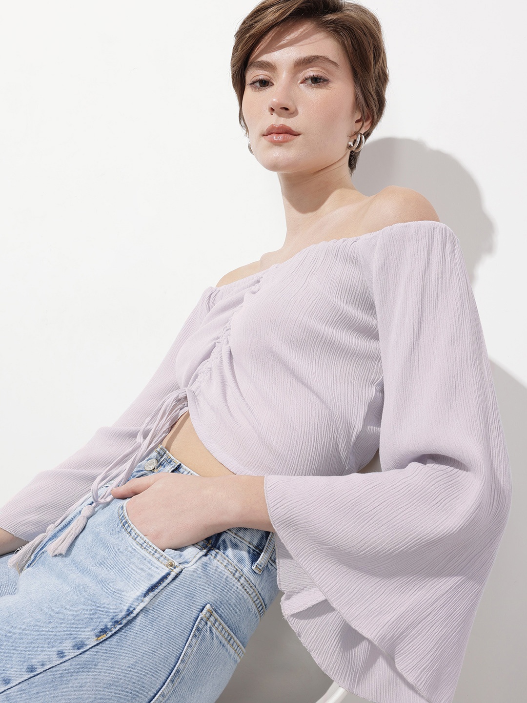 

DressBerry Crinkled Crush Off-Shoulder Tie-Up Crop Top, Grey