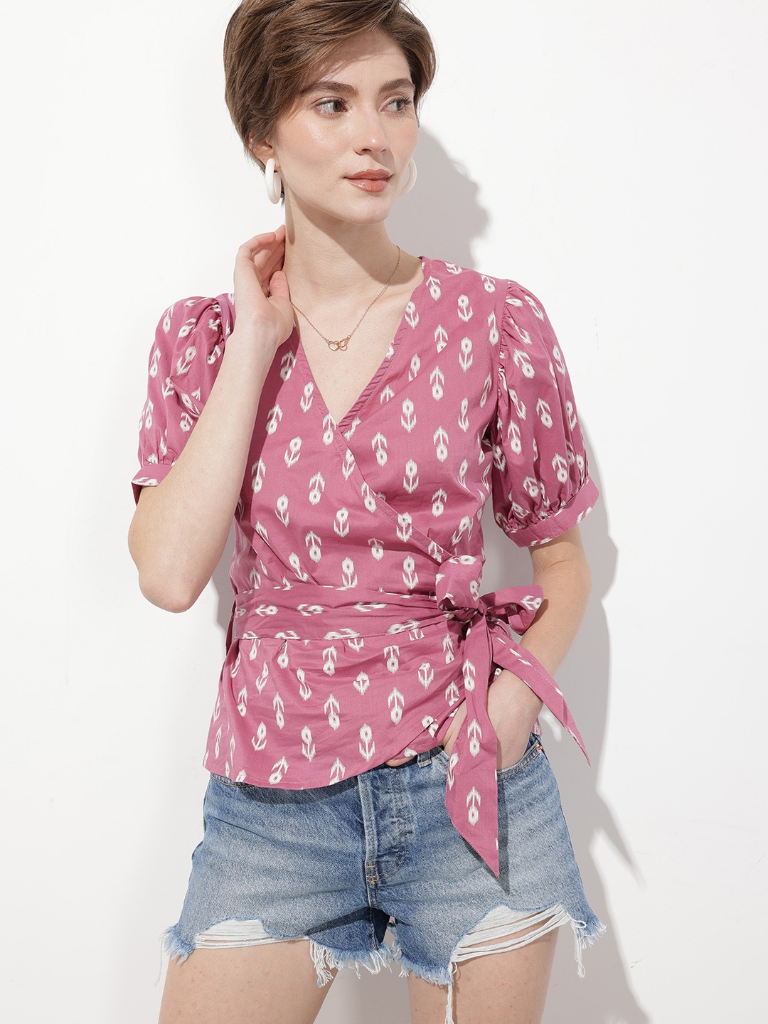 

DressBerry Bring On The Desi Charm Ikat Wrap Top, Pink