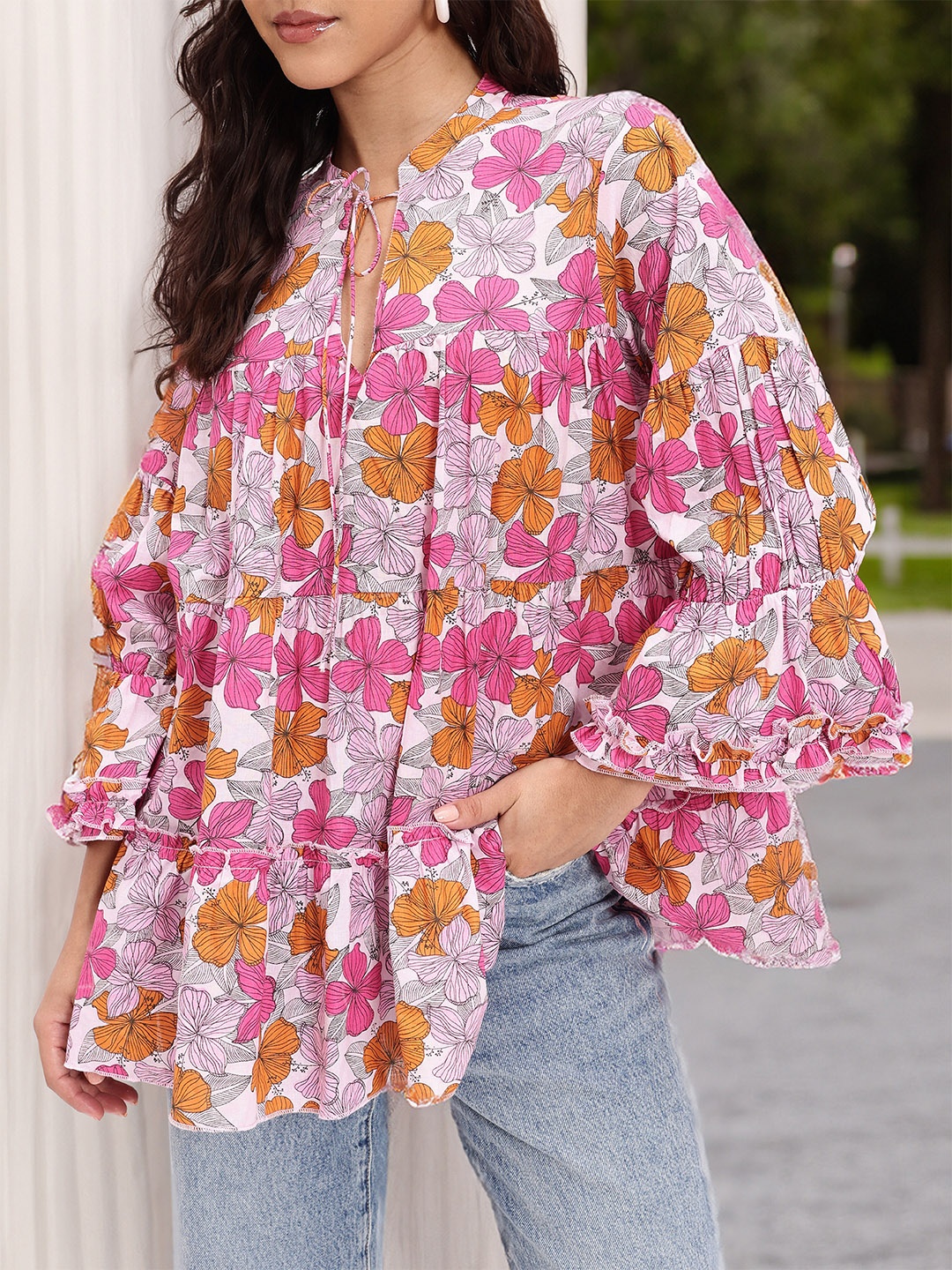 

DressBerry Whimsy Touch Floral Printed Tired Top, Multi