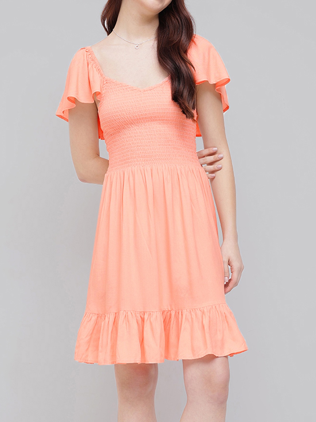 

DressBerry Smocked Striking Fit & Flare Dress, Peach