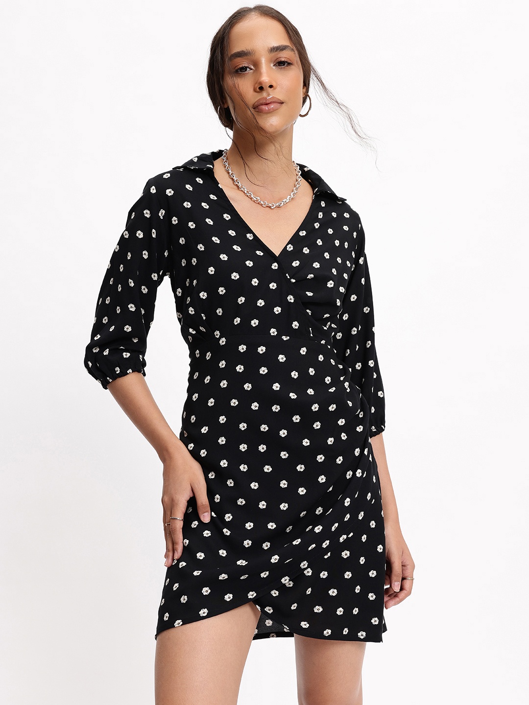

DressBerry Dainty Floral Monochrome Mania Wrap Dress, Black