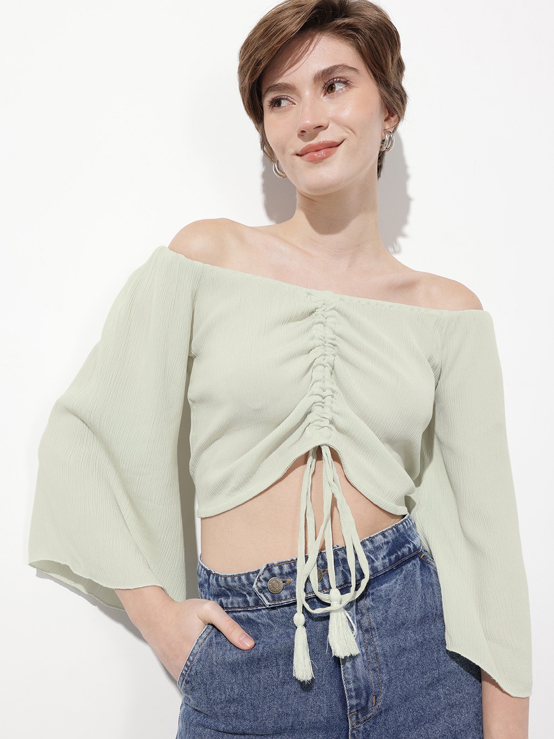 

DressBerry Aloe Wash Crinkled Cutie Off-Shoulder Tie-Up Crop Top, Green