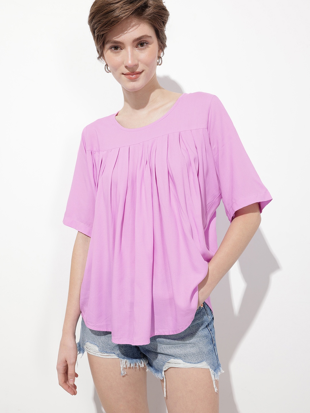 

DressBerry Pastel Lilac Pleasing Pleated Flared Top, Lavender