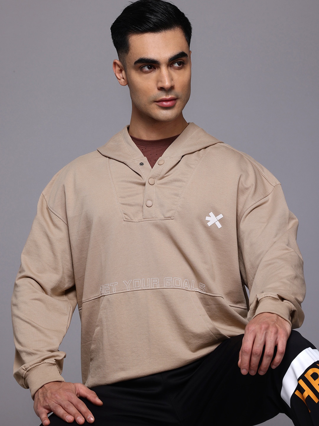 

HRX by Hrithik Roshan Iron Tribe Printed Hooded Training Sweatshirt, Beige