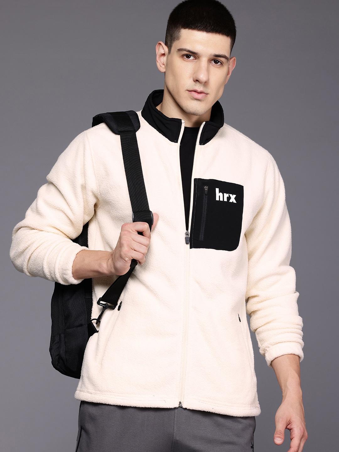 

HRX by Hrithik Roshan Contrast Pocket Sherpa Front-Open Sweatshirt, Cream