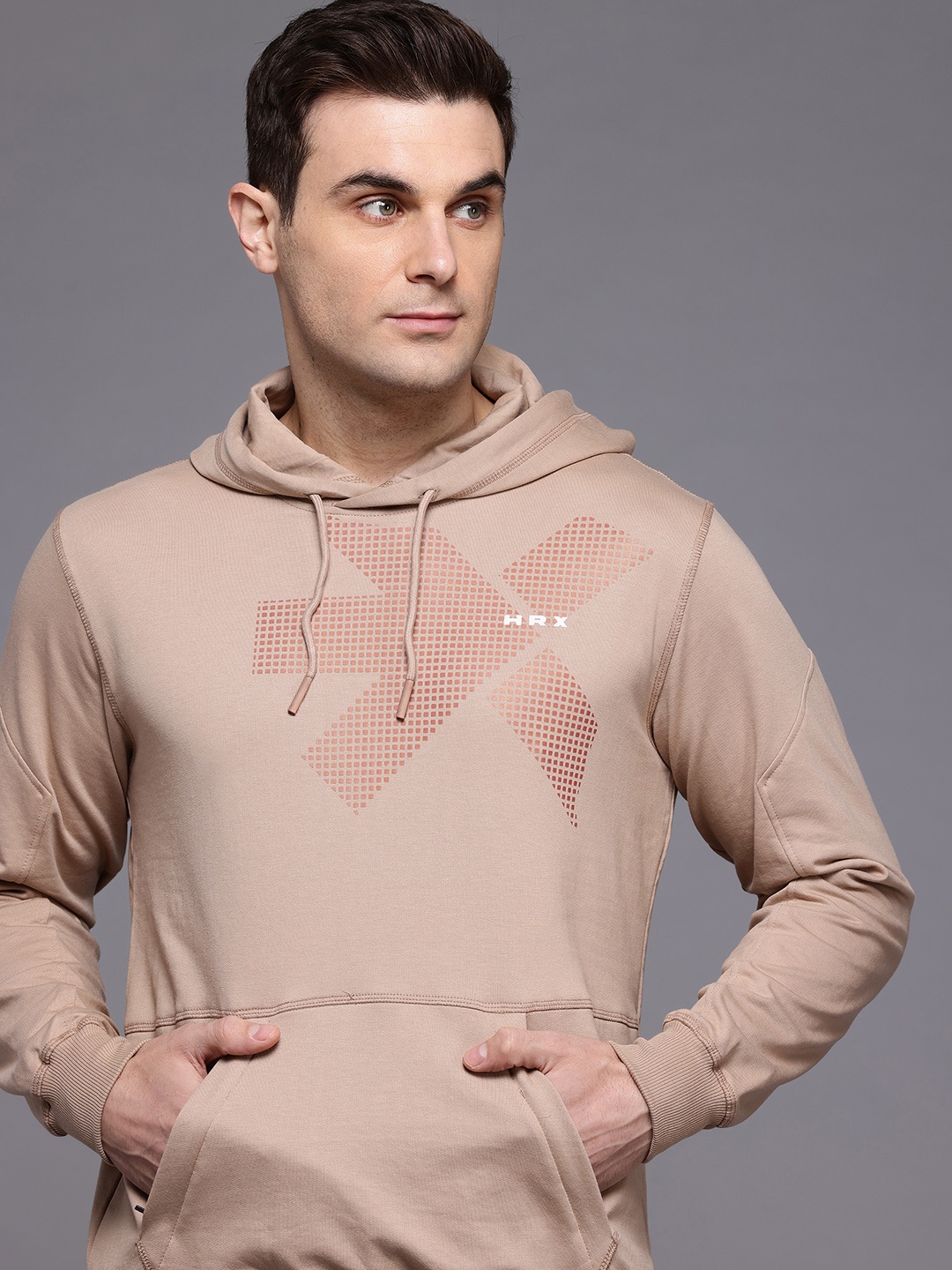 

HRX by Hrithik Roshan Brand Logo Printed Hooded Training Sweatshirt, Taupe