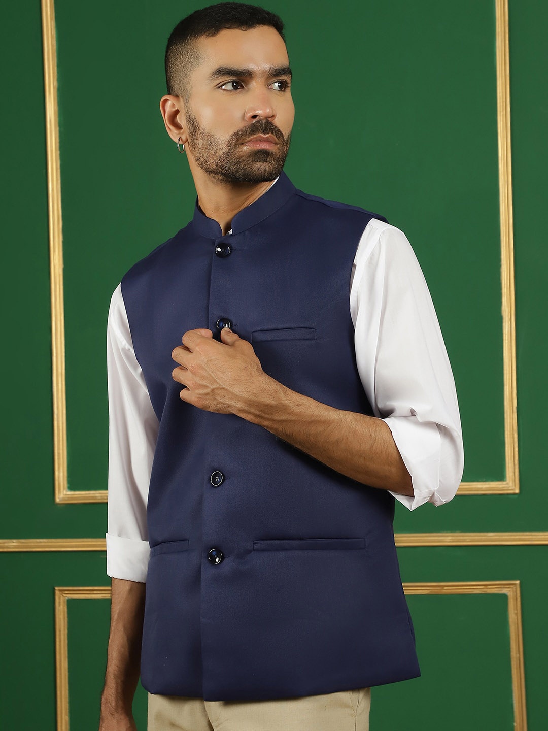 

Anouk Navy Blue Mandarin Collar Nehru Jacket