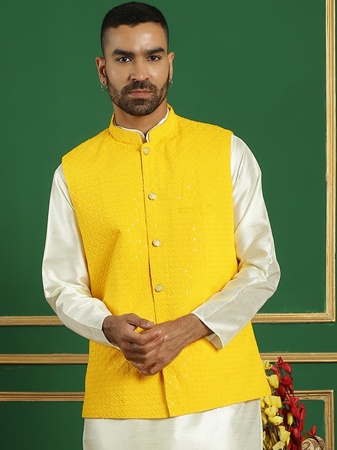 

Anouk Yellow Embroidered Nehru Jacket