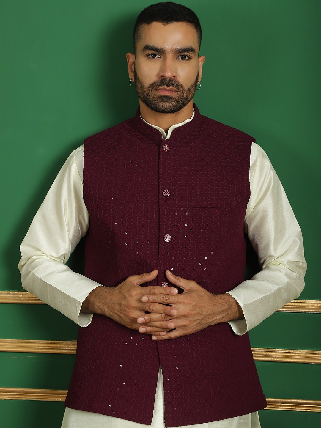 

Anouk Purple Embroidered Mandarin Collar Sequinned Detailed Nehru Jacket, Maroon