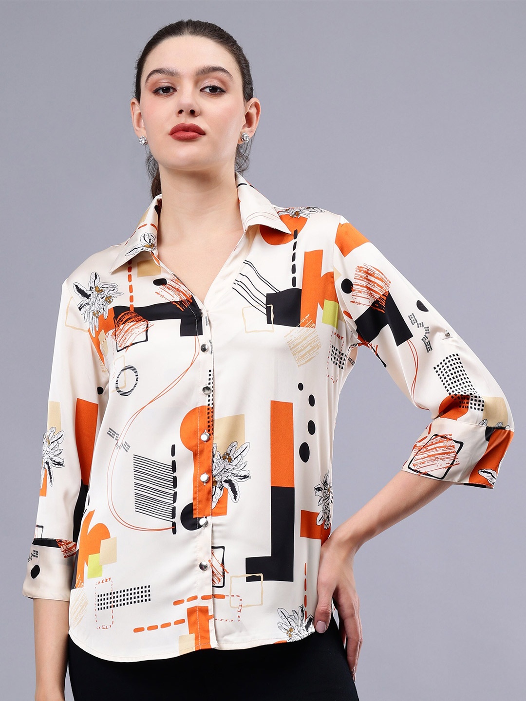 

Albion By CnM Geometric Printed Shirt Collar Cotton Shirt Style Top, Off white