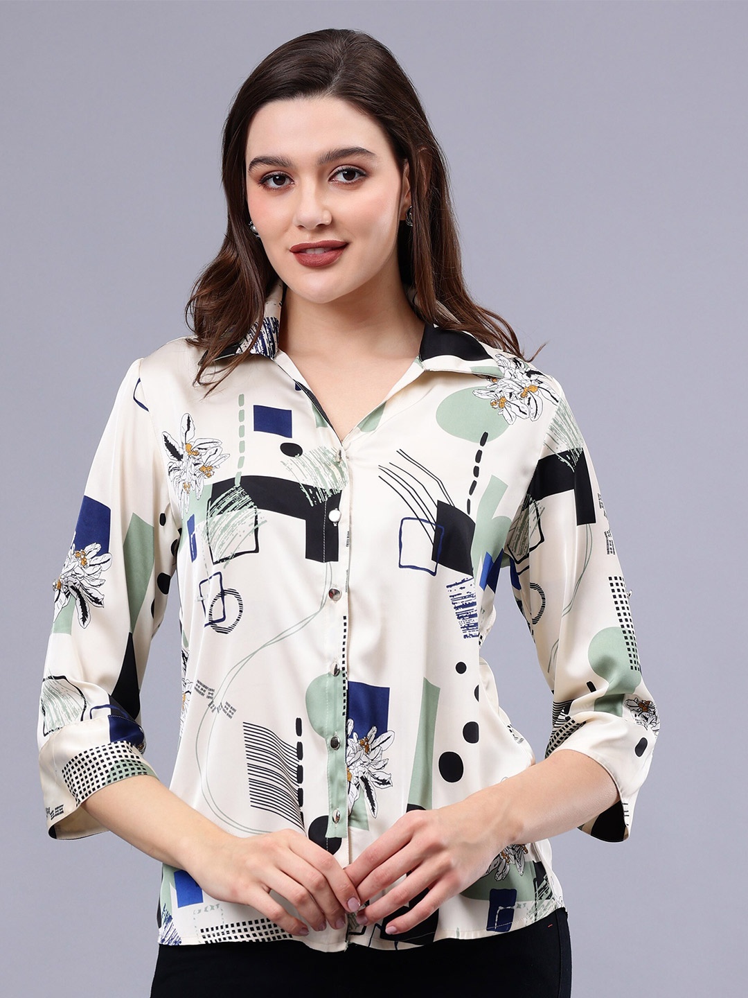 

Albion By CnM Geometric Printed Shirt Collar Cotton Shirt Style Top, Off white