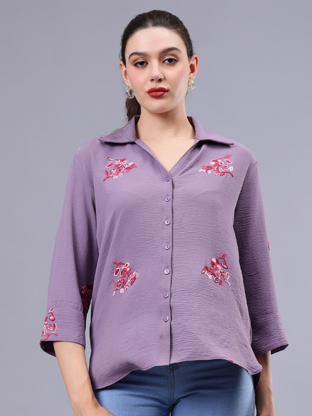 

Albion By CnM Floral Embroidered Shirt Style Top, Purple