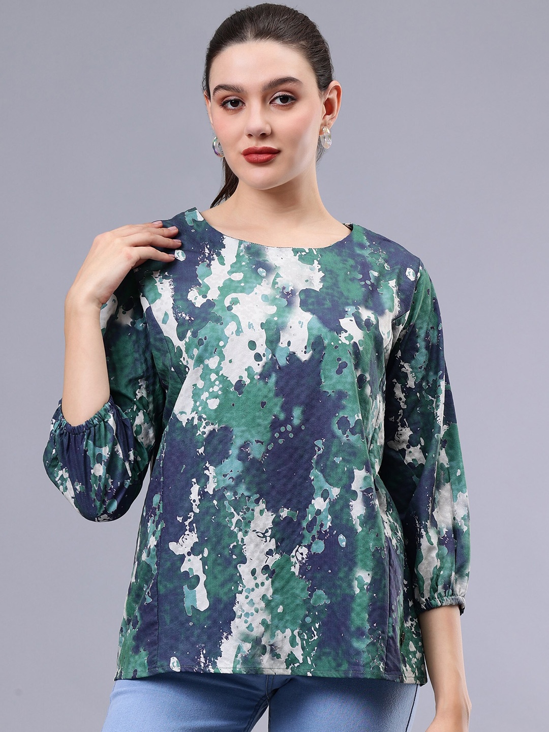 

Albion By CnM Abstract Printed Puff Sleeves Cotton Top, Green