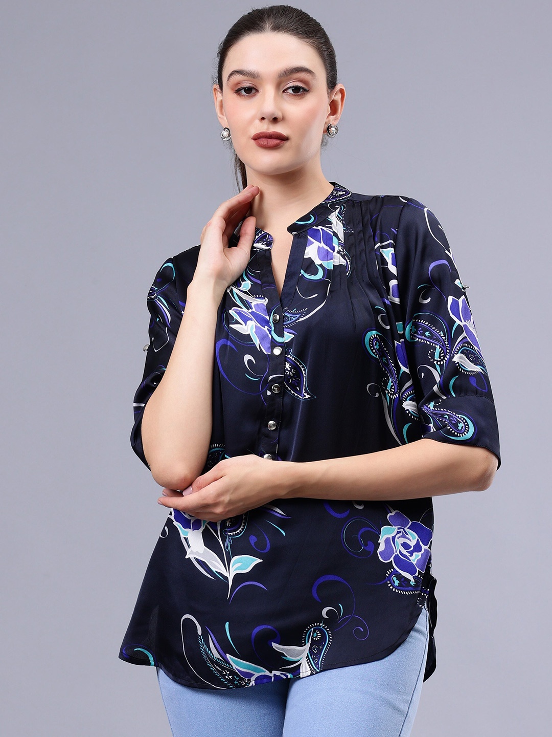 

Albion By CnM Floral Printed Mandarin Collar Cotton Shirt Style Top, Navy blue