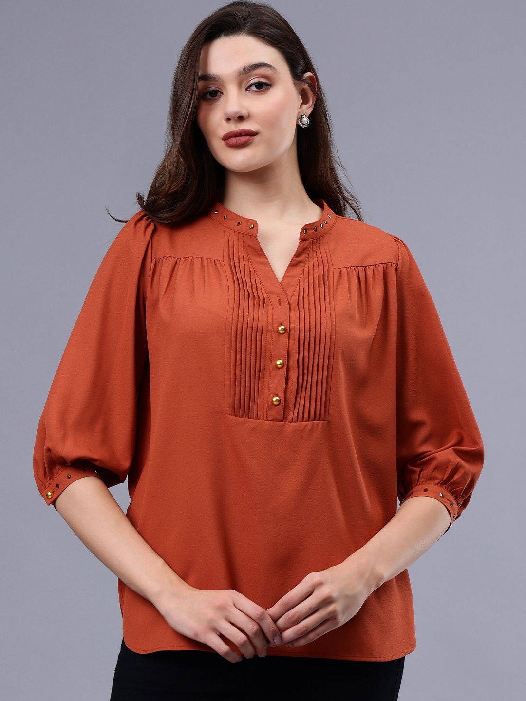 

Albion By CnM Mandarin Collar Puff Sleeve Pleated Shirt Style Top, Rust