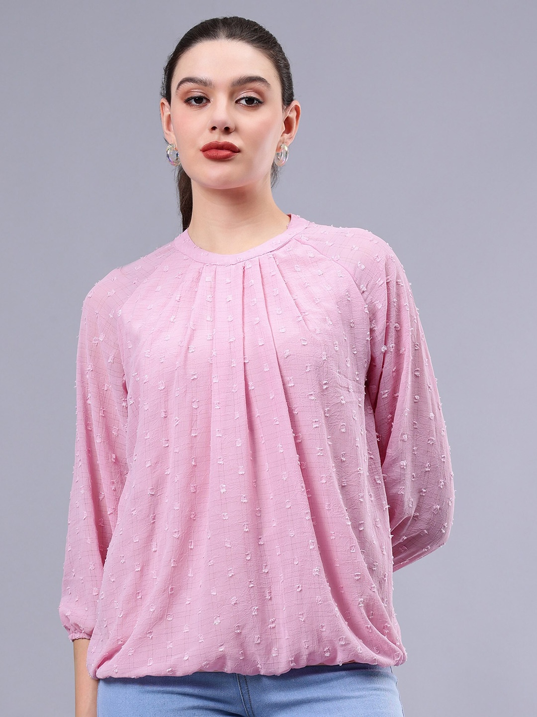 

Albion By CnM Self Design Puff Sleeves Cotton Blouson Top, Pink