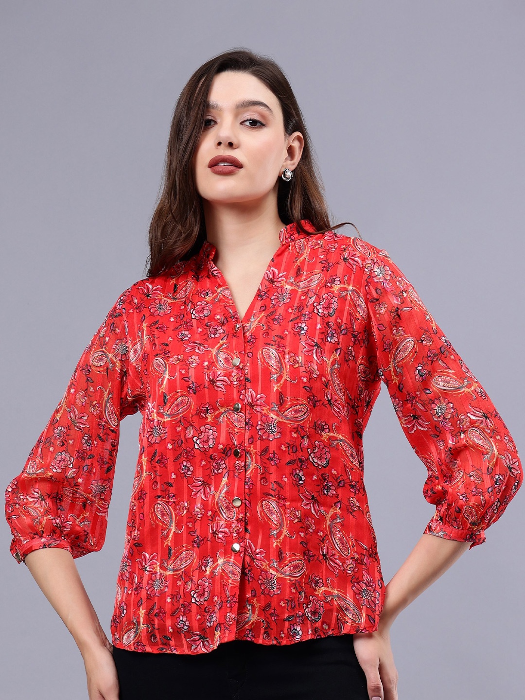

Albion By CnM Floral Print Mandarin Collar Puff Sleeve Shirt Style Top, Red