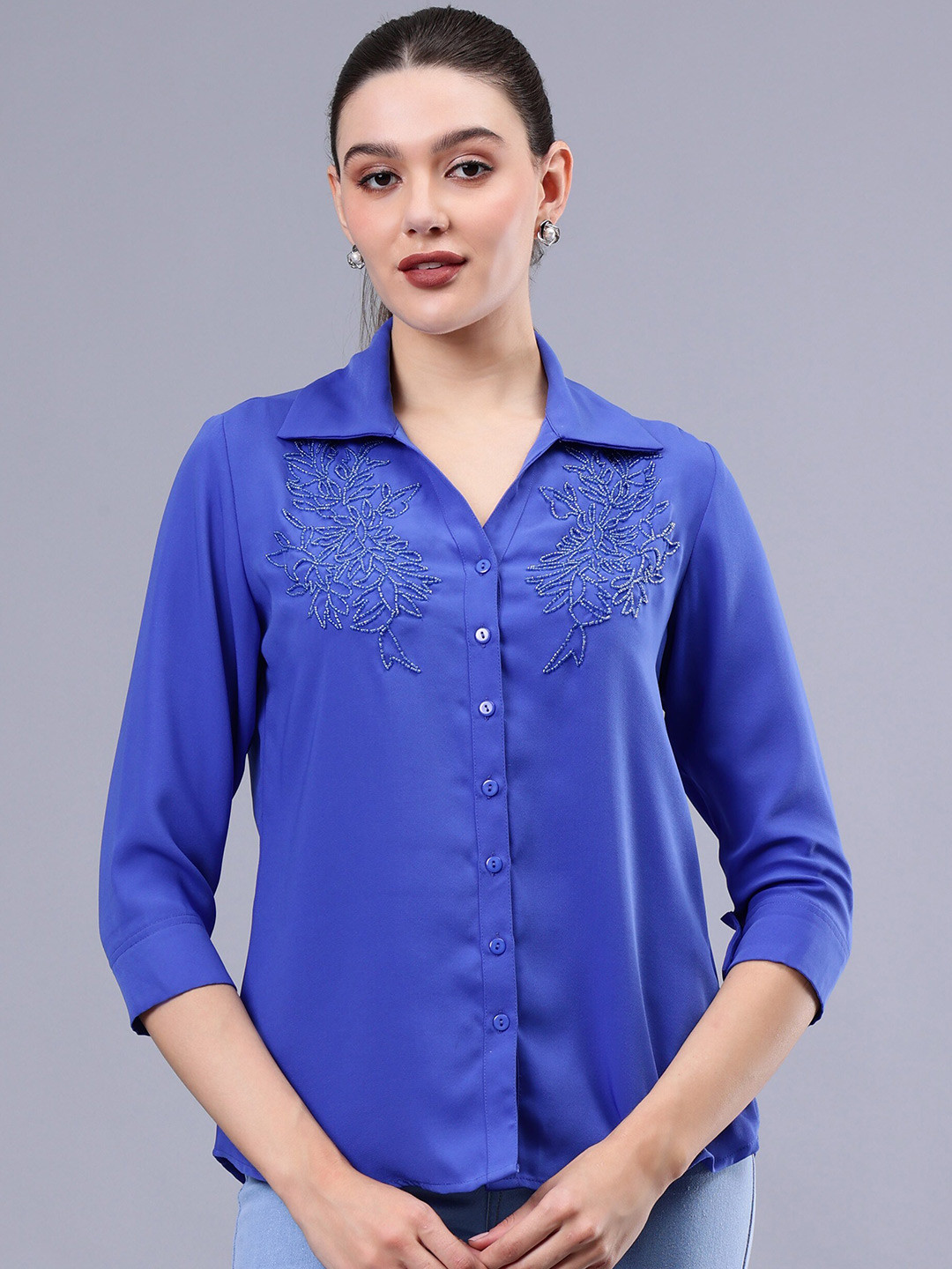 

Albion By CnM Floral Embroidered Cuffed Sleeves Shirt Style Top, Blue