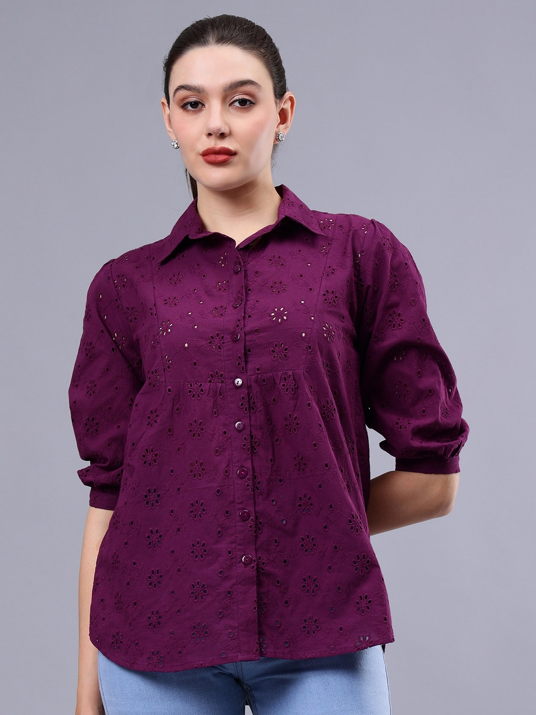 

Albion By CnM Schiffli Self Design Shirt Collar Cuffed Sleeves Cotton Shirt Style Top, Maroon