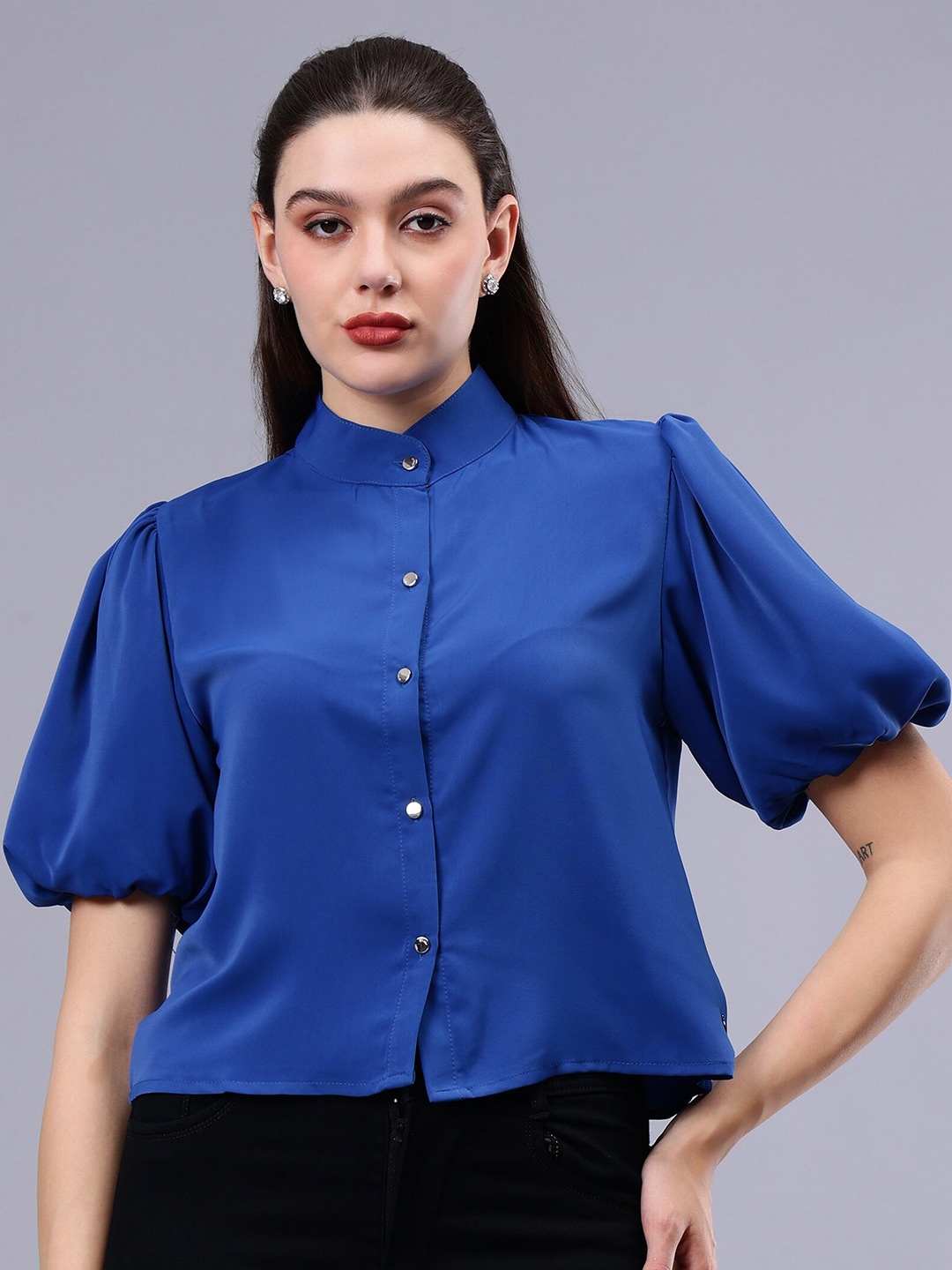 

Albion By CnM Mandarin Collar Puff Sleeve Shirt Style Top, Blue