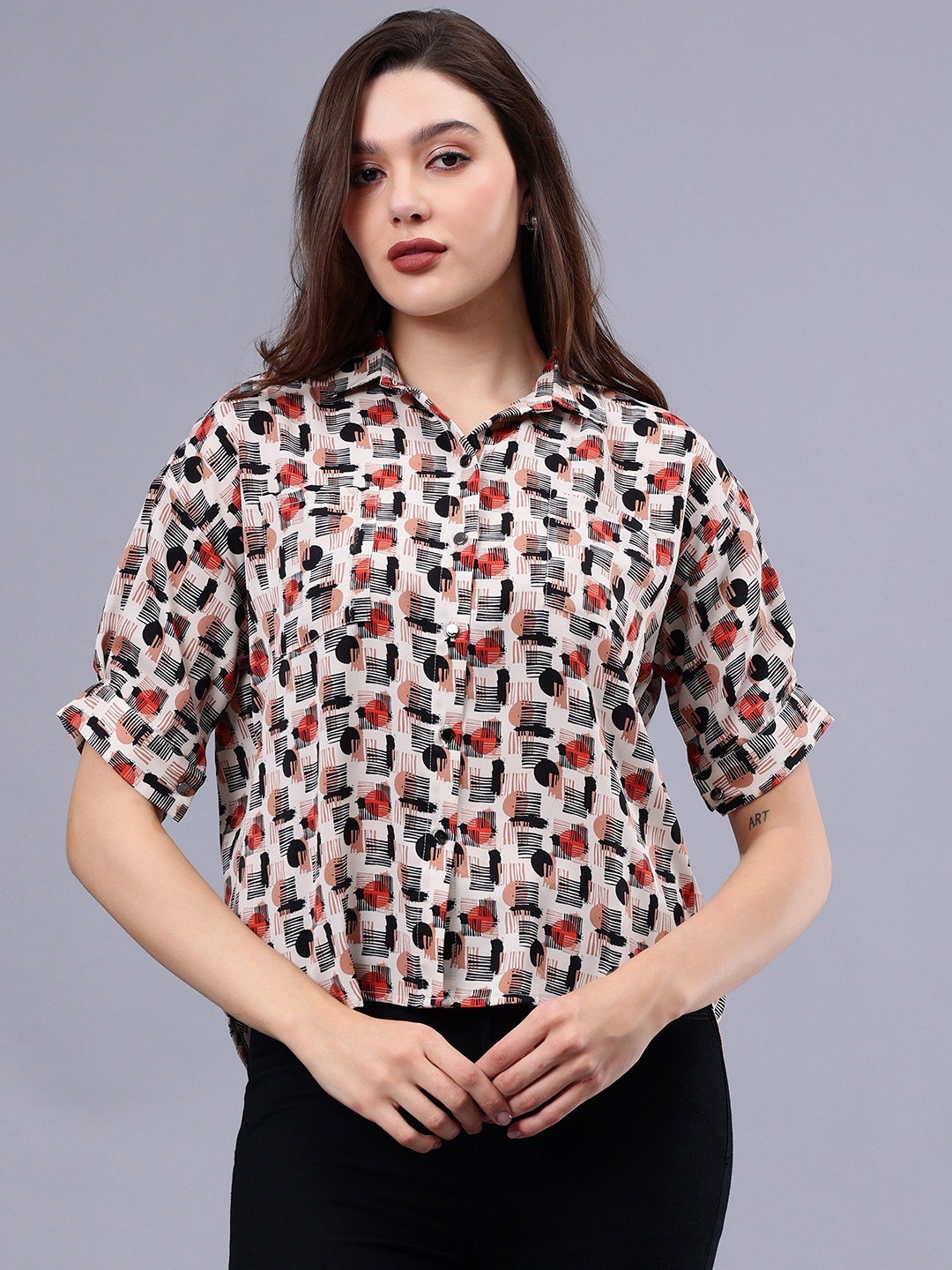 

Albion By CnM Geometric Printed Puff Sleeve Shirt Style Top, Camel brown