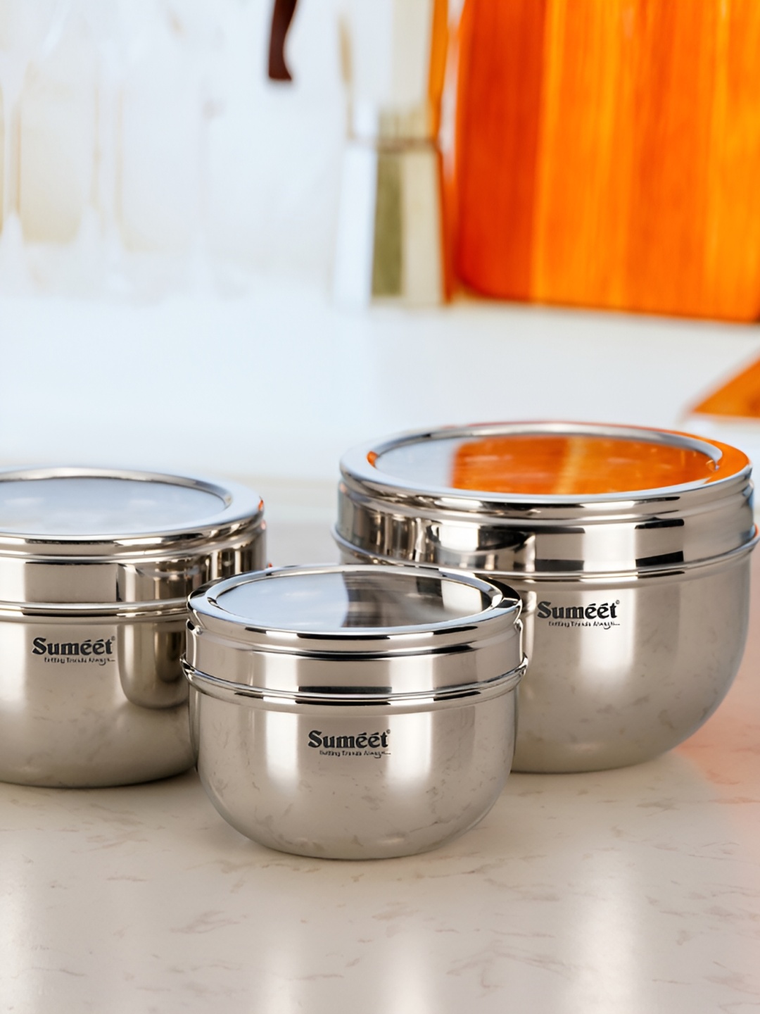 

Sumeet 3 Pieces Stainless Steel Dishwasher Safe Containers Set, Silver