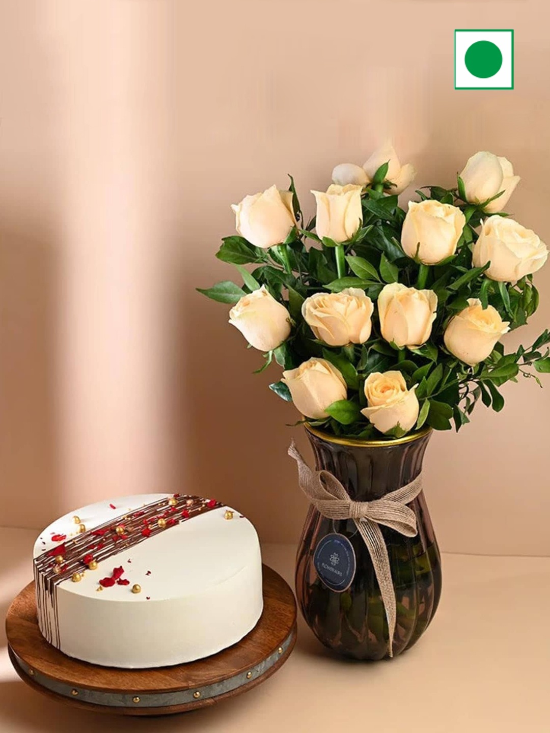 

Floweraura 12-Pcs Peach Coloured Roses Flower In Vase With Vanilla Cake -500g