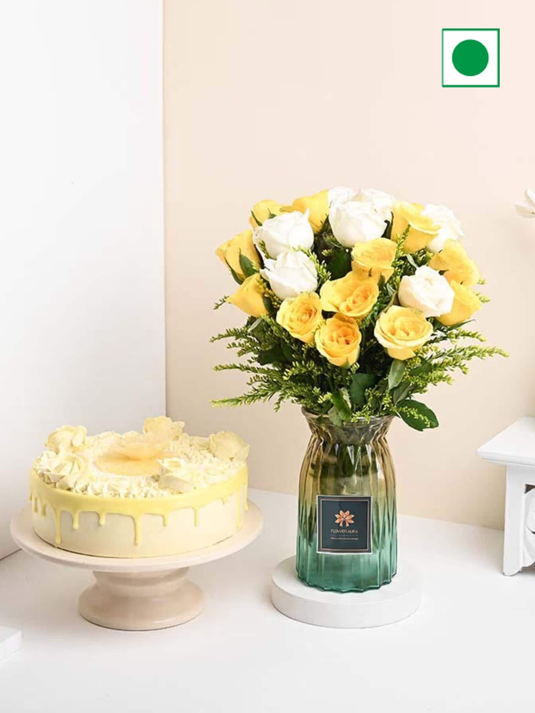 

Floweraura 20-Pcs White & Yellow Rose Flower In Vase With Pineapple Cake -500g