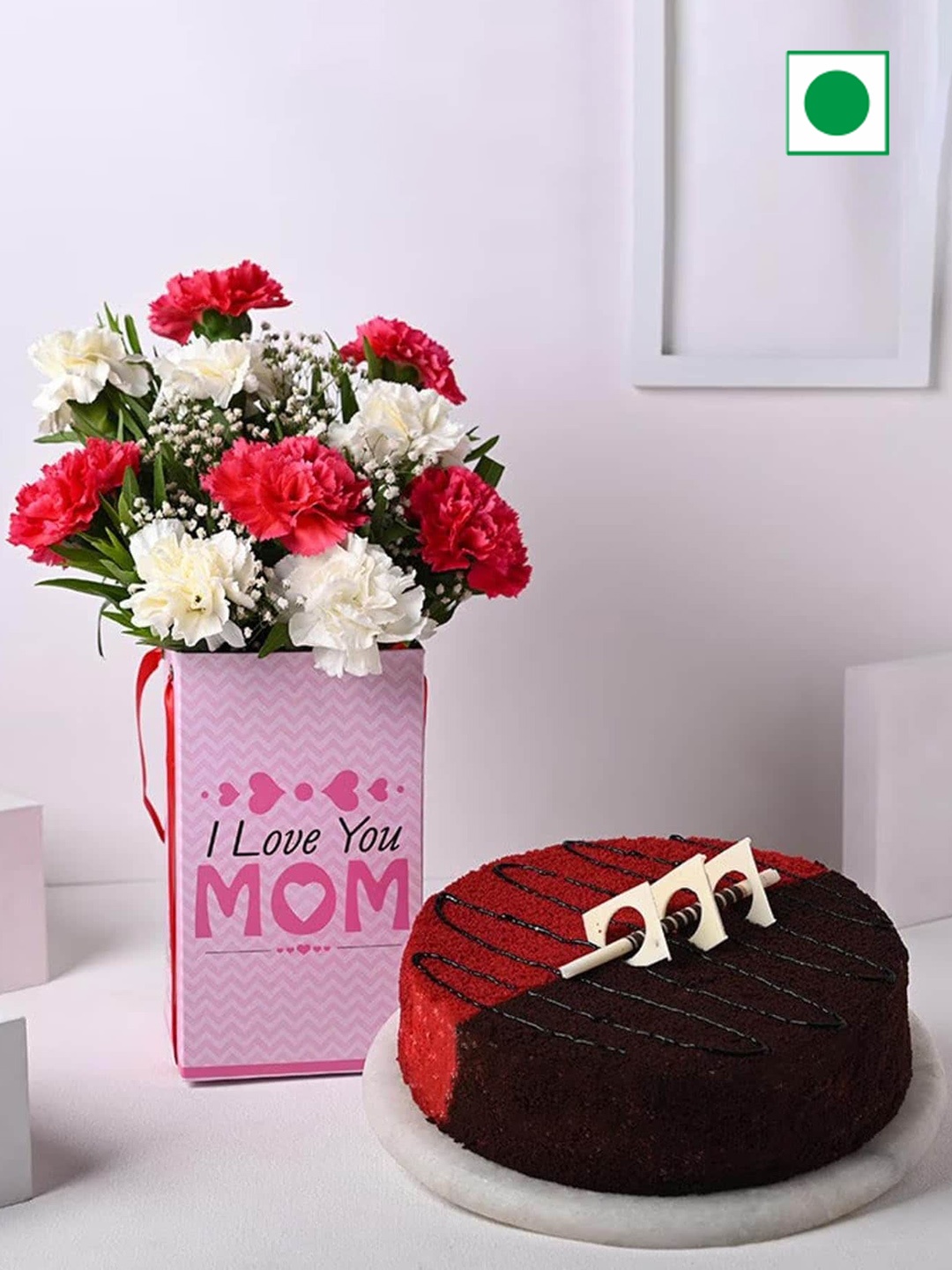 

Floweraura 10-Pcs Carnations Flowers & Choco Cake -500gm, Red