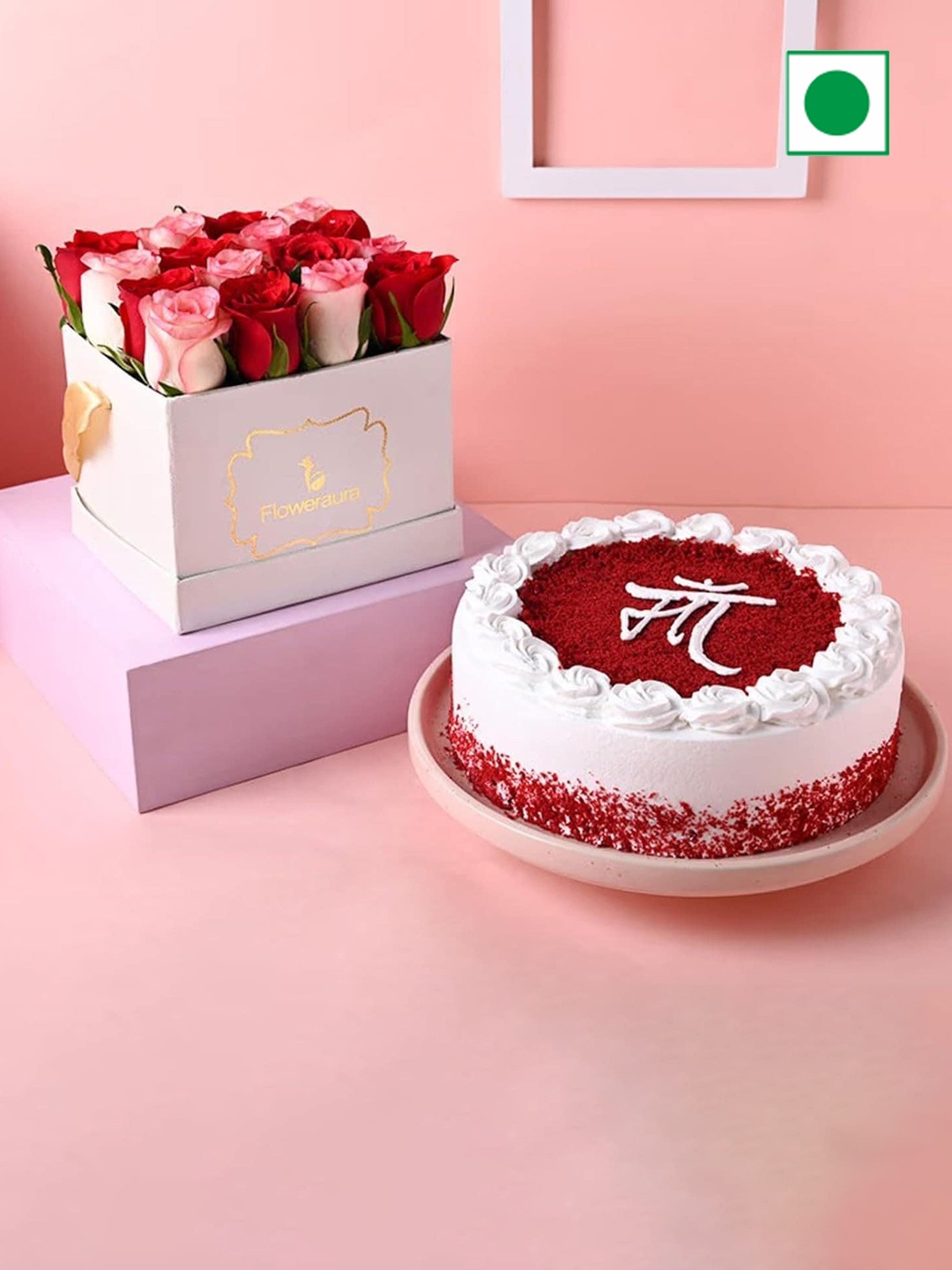 

Floweraura 16-Pcs Red Pink Roses Bouquet In Box With Yummy Fresh Red Velvet Maa Cake-500g