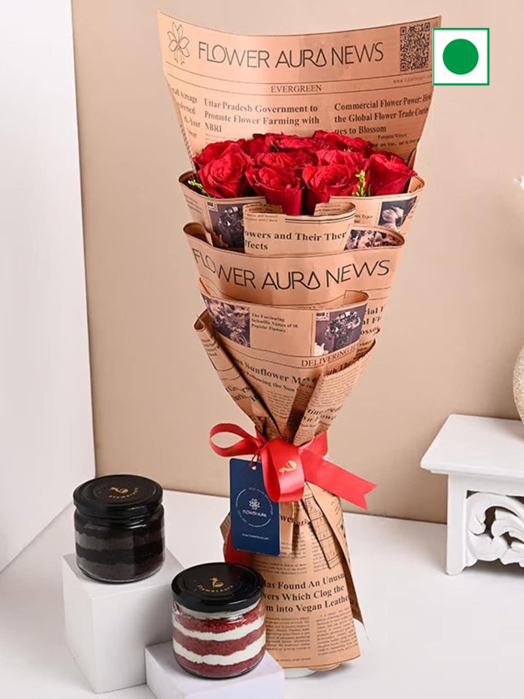 

Floweraura 12-Pcs Red Roses Bouquet With Chocolate & Red Velvet Jar Cakes -700 gm