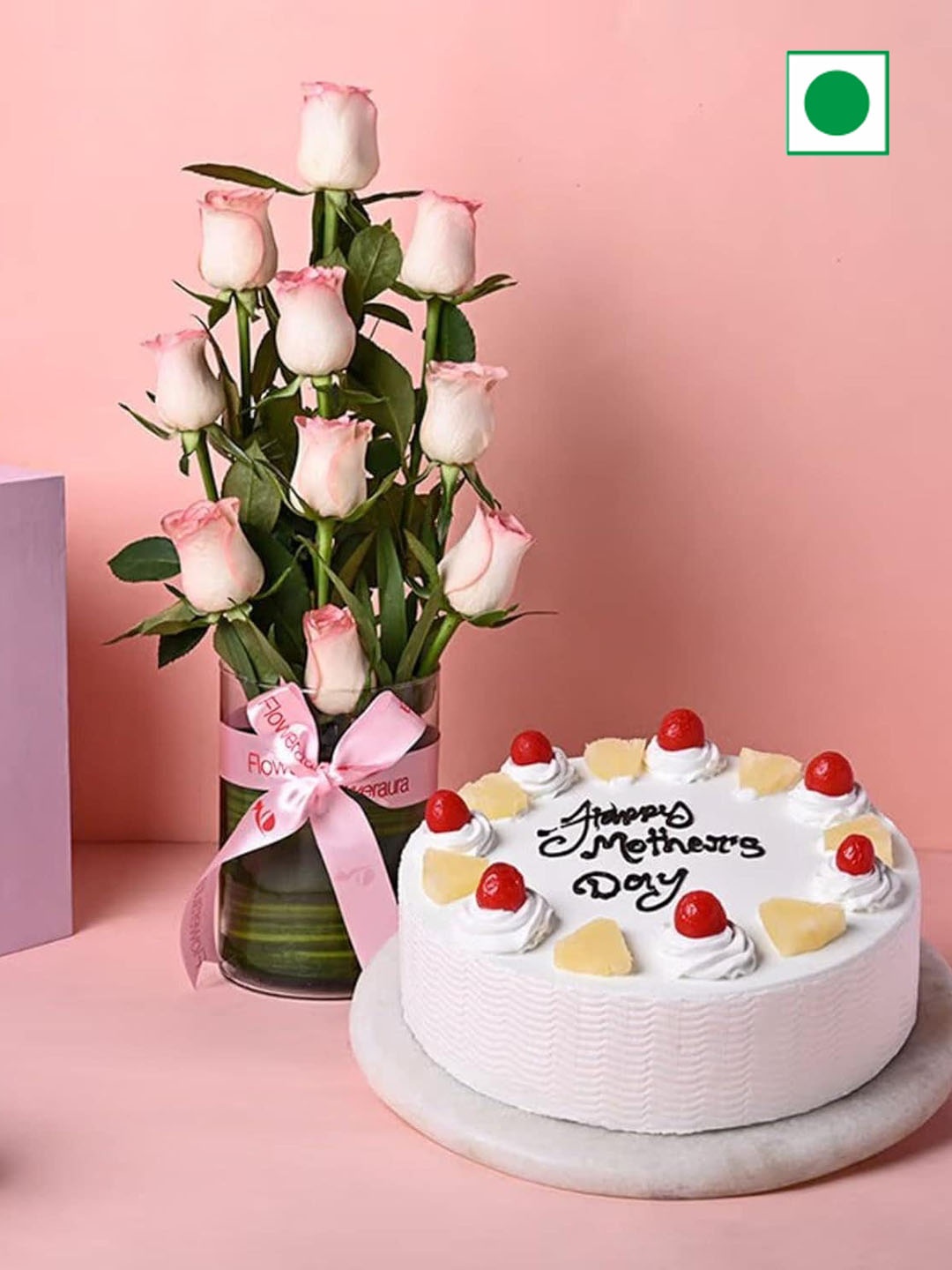 

Floweraura 10-Pcs Pink Roses Flower Bouquet In Vase With Pineapple Cake