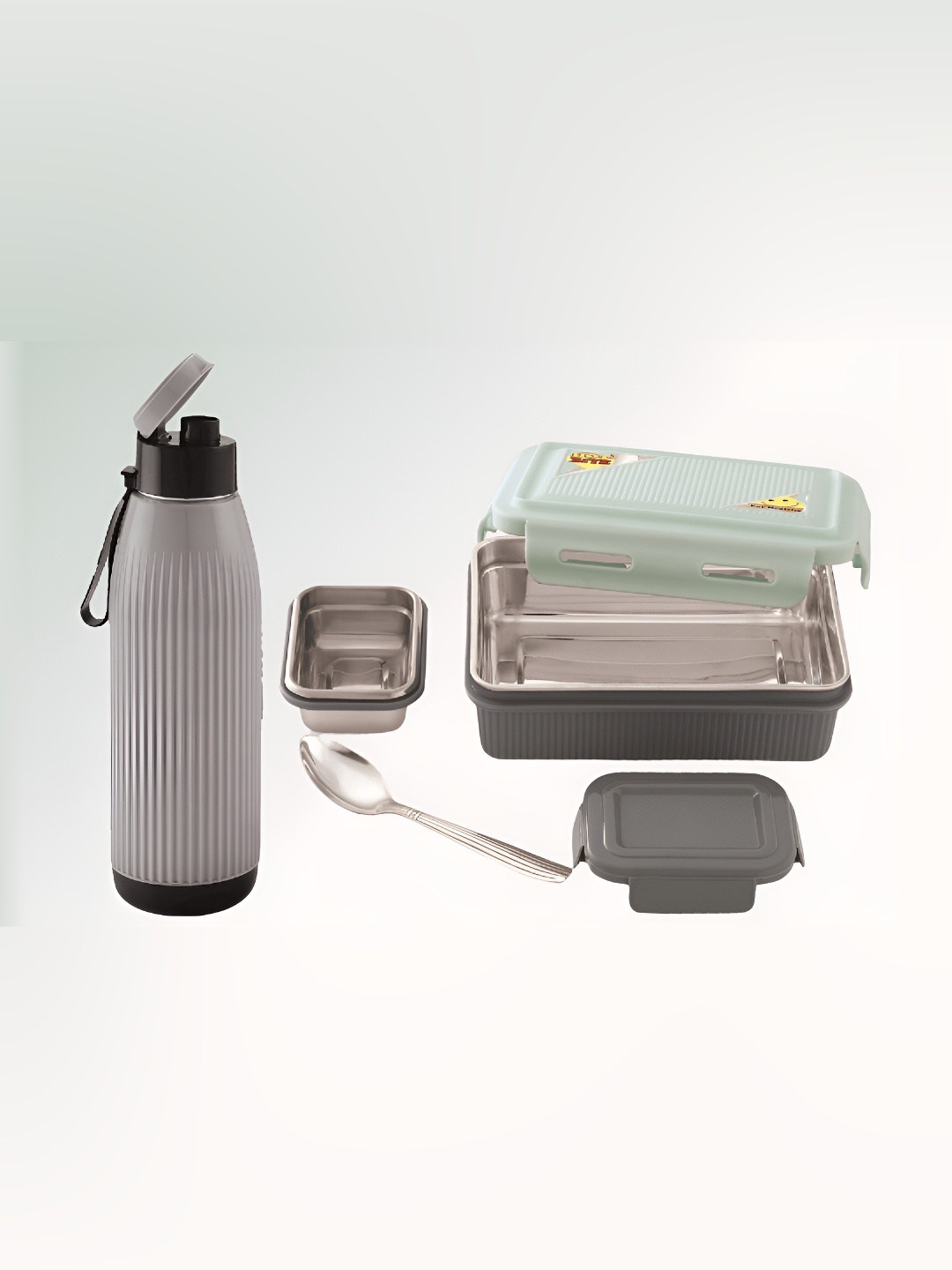 

NABHYA Grey & White 3 Pieces Stainless Steel Lunch Box & Water Bottle 600 ml