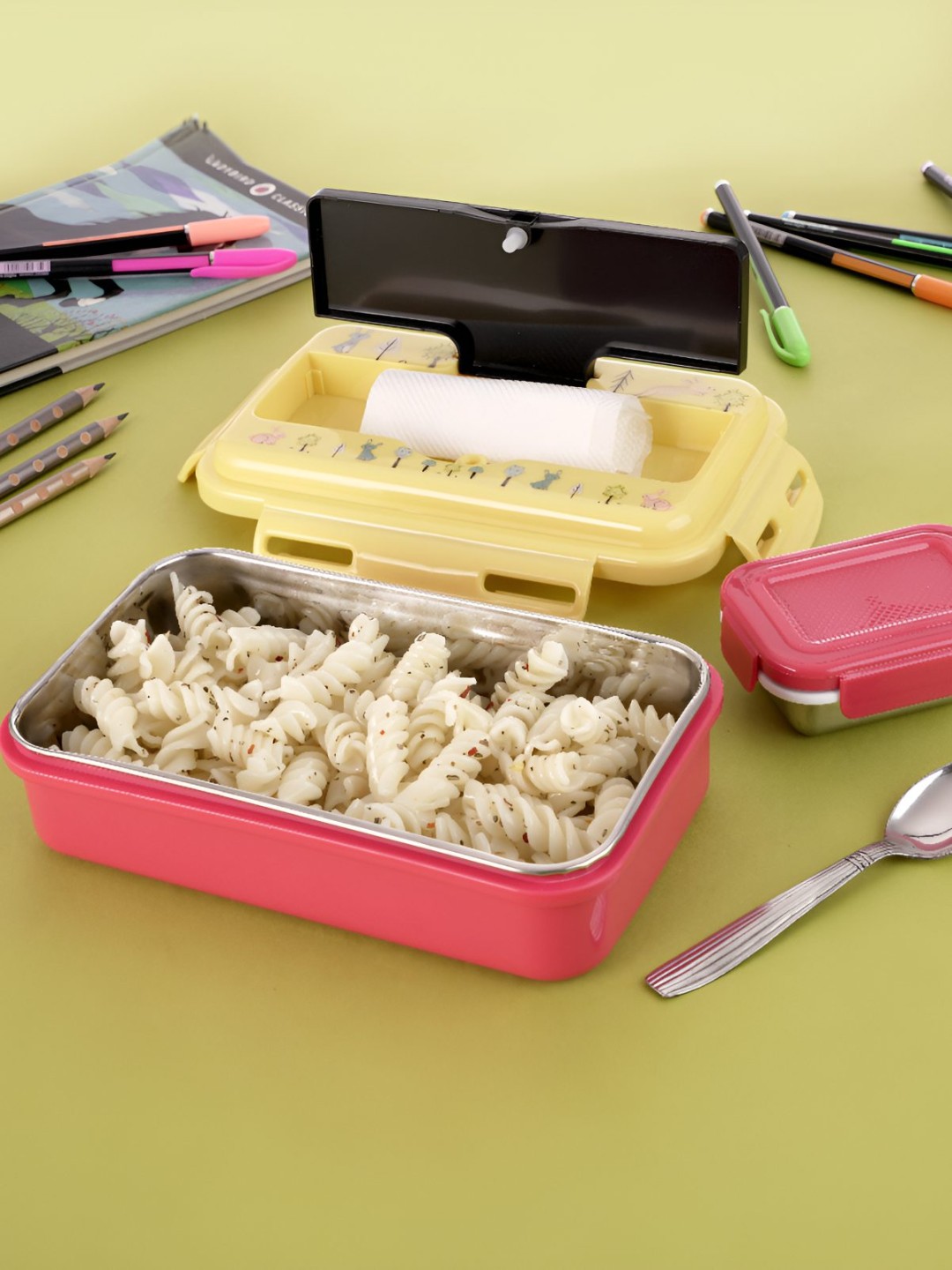 

NABHYA Yellow & Pink Dishwasher Safe Stainless Steel Lunch Box 700 ml
