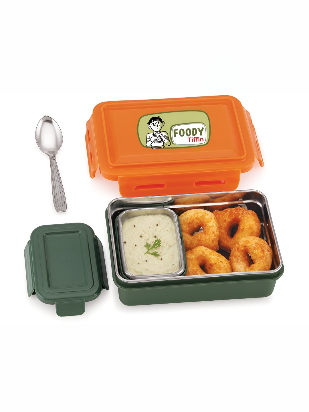 

NABHYA Orange Colored & Grey 3 Pieces Printed Stainless Steel Lunch Box With Spoon