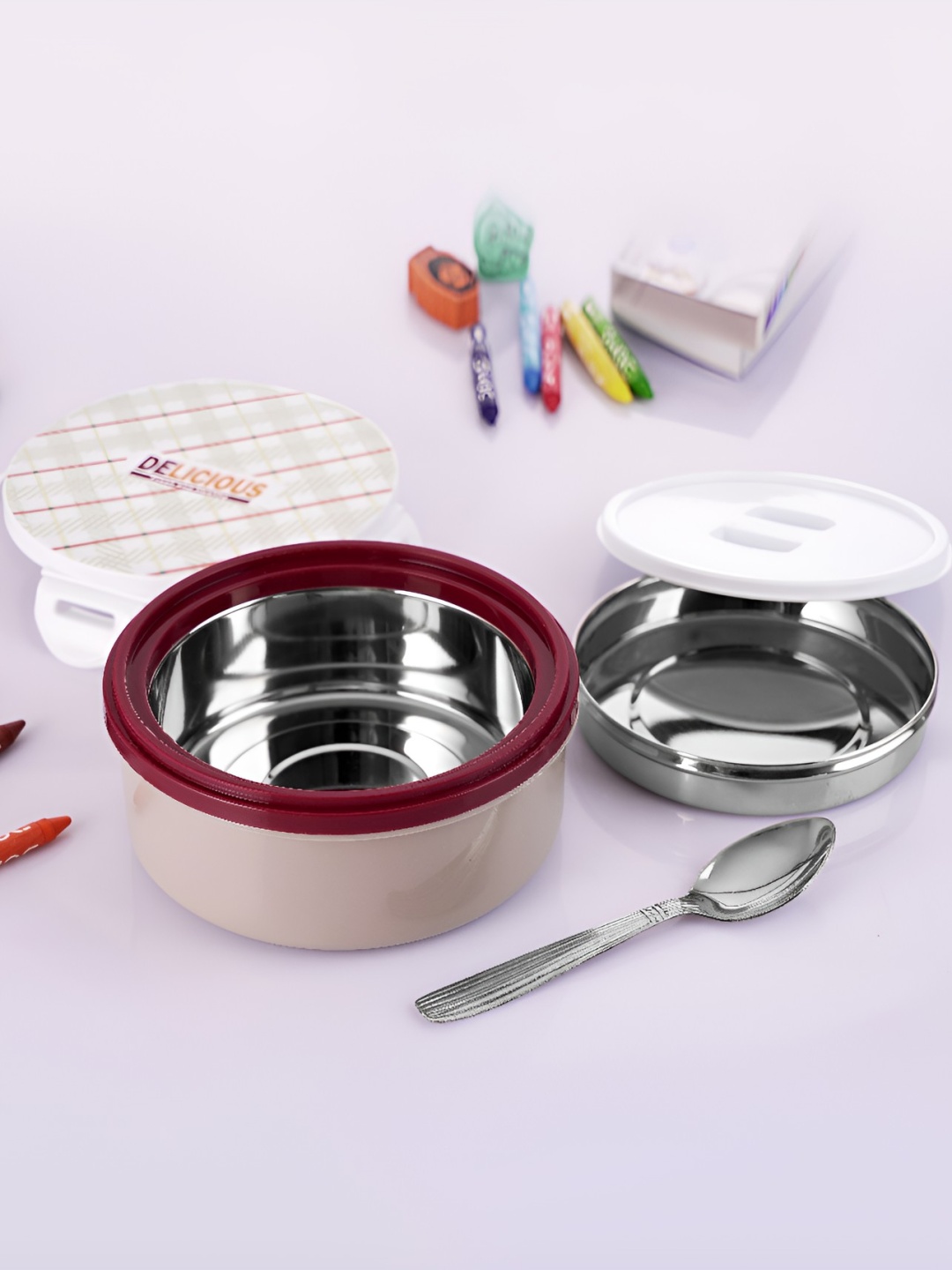 

NABHYA Grey 3 Pieces Stainless Steel Dishwasher Safe Lunch Box 460 ml
