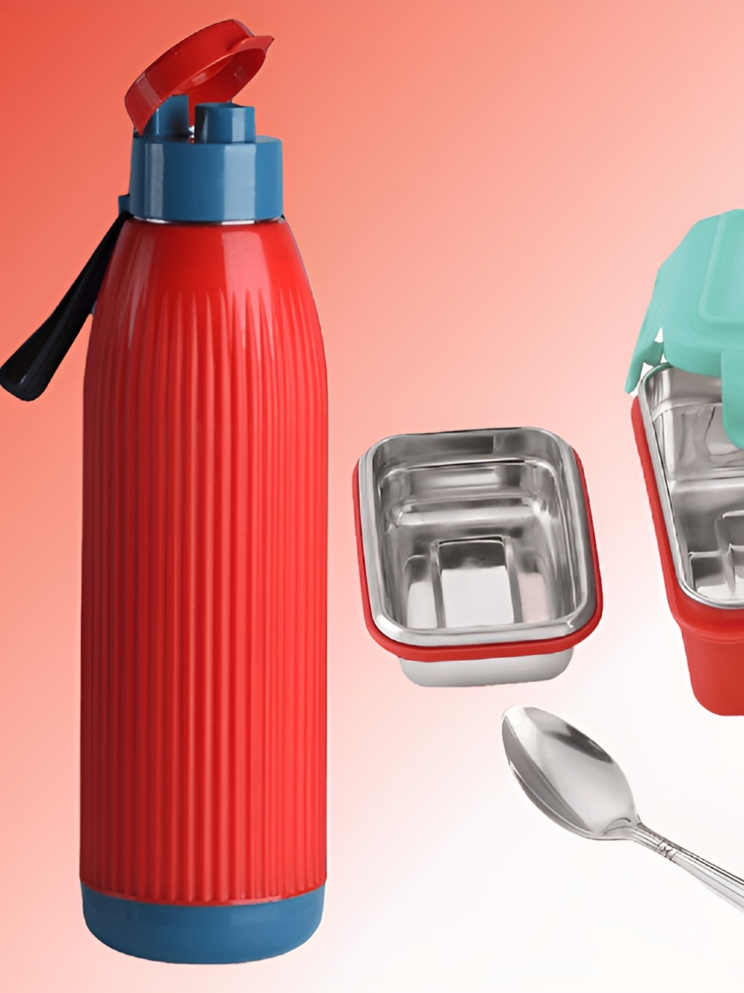 

NABHYA Red 2 Pieces Stainless Steel Lunch Box & Water Bottle