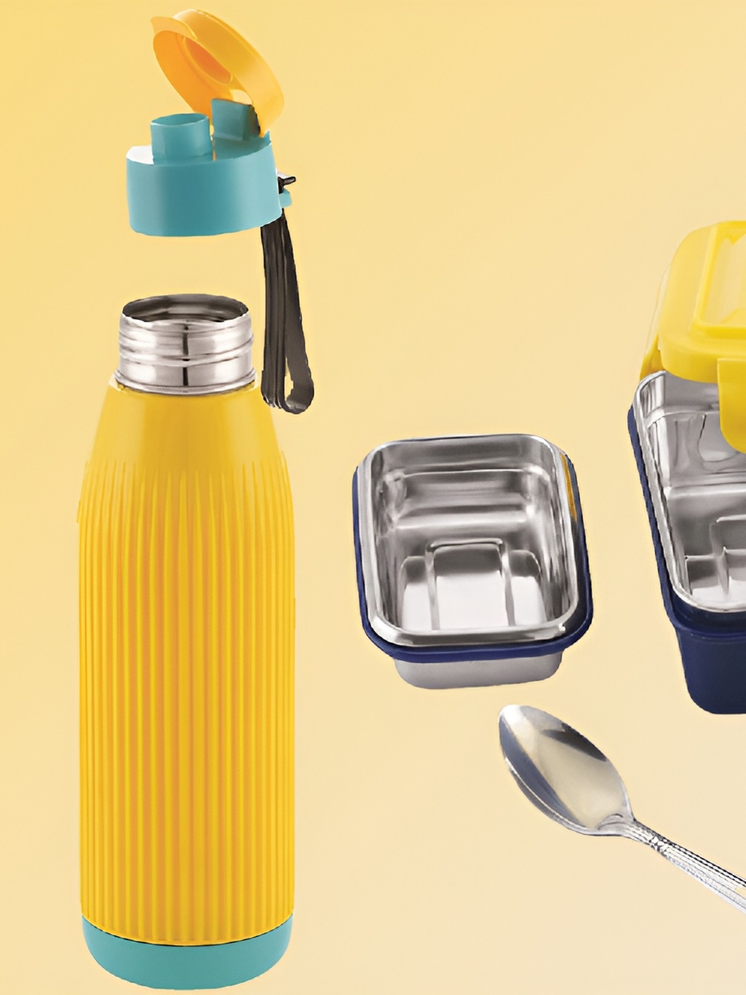 

NABHYA Yellow 2Pcs Stainless Steel Dishwasher Safe Lunch Box & Bottle 600ml