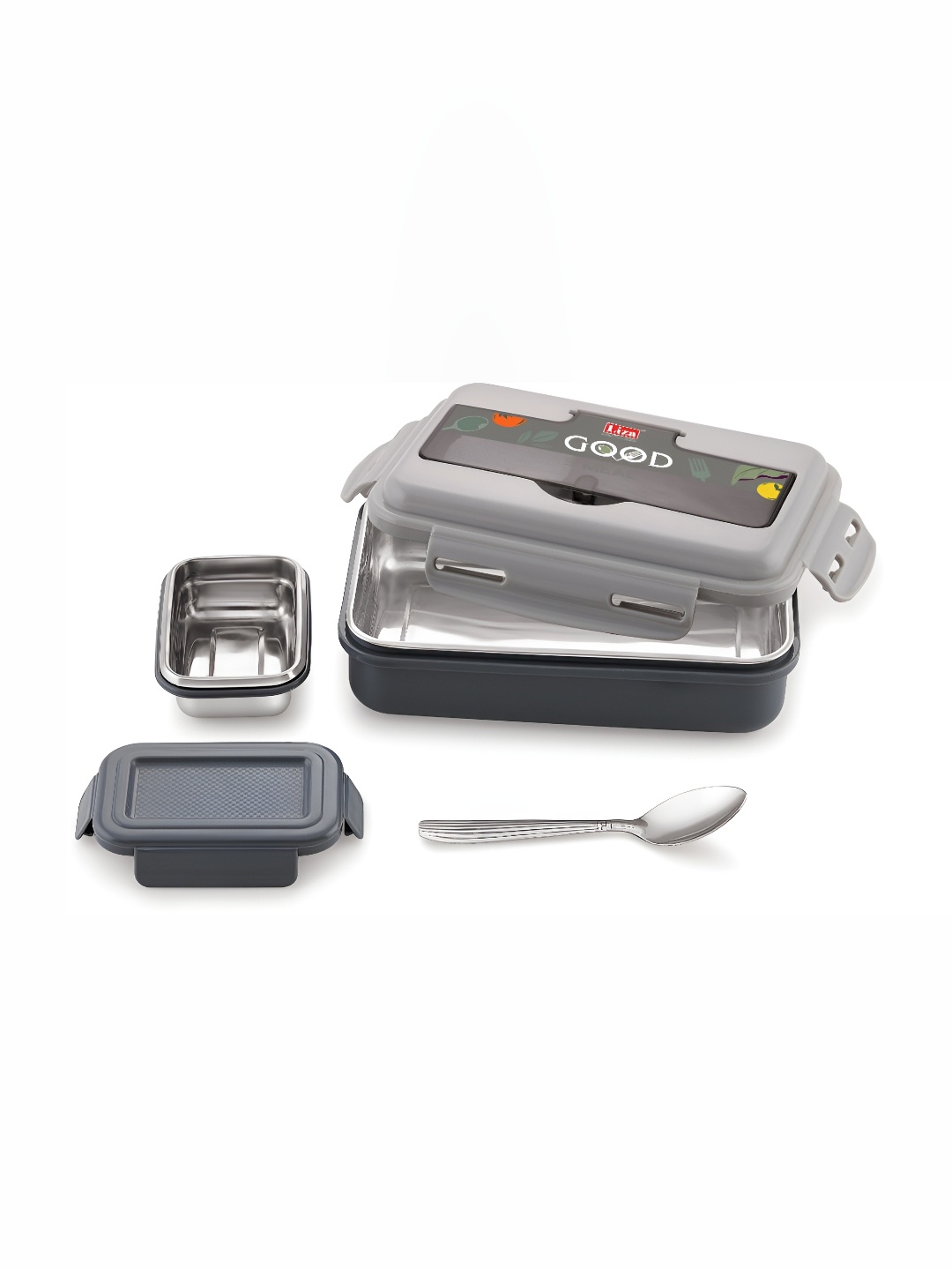 

NABHYA Grey Stainless Steel Lunch Box With Side Container & Spoon