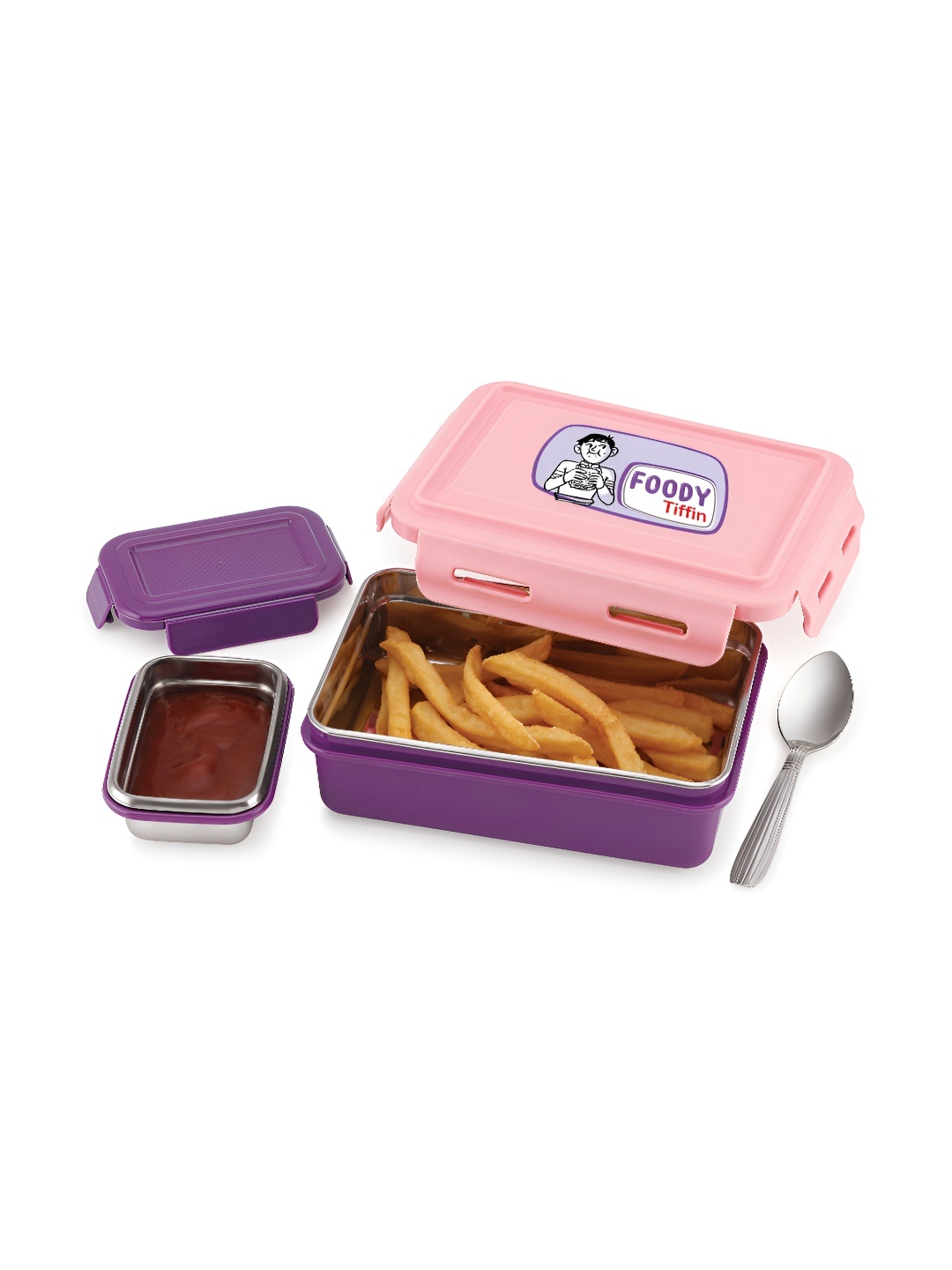 

NABHYA 3 Pieces Stainless Steel Lunch Box & Spoon 600ml, Pink