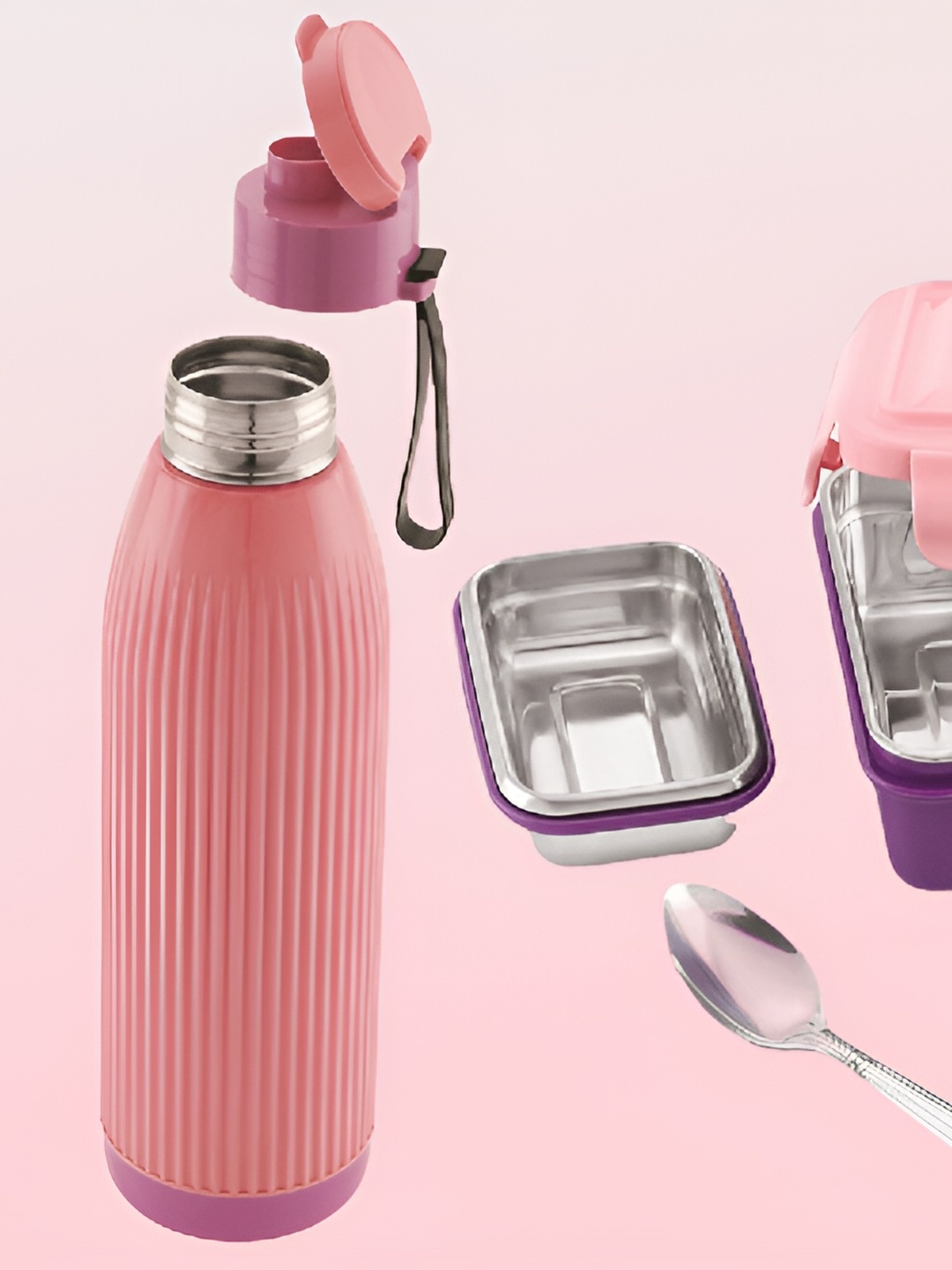 

NABHYA Pink & Violet 2 Pieces Dishwasher Safe Lunch Box & Bottle 600 ml