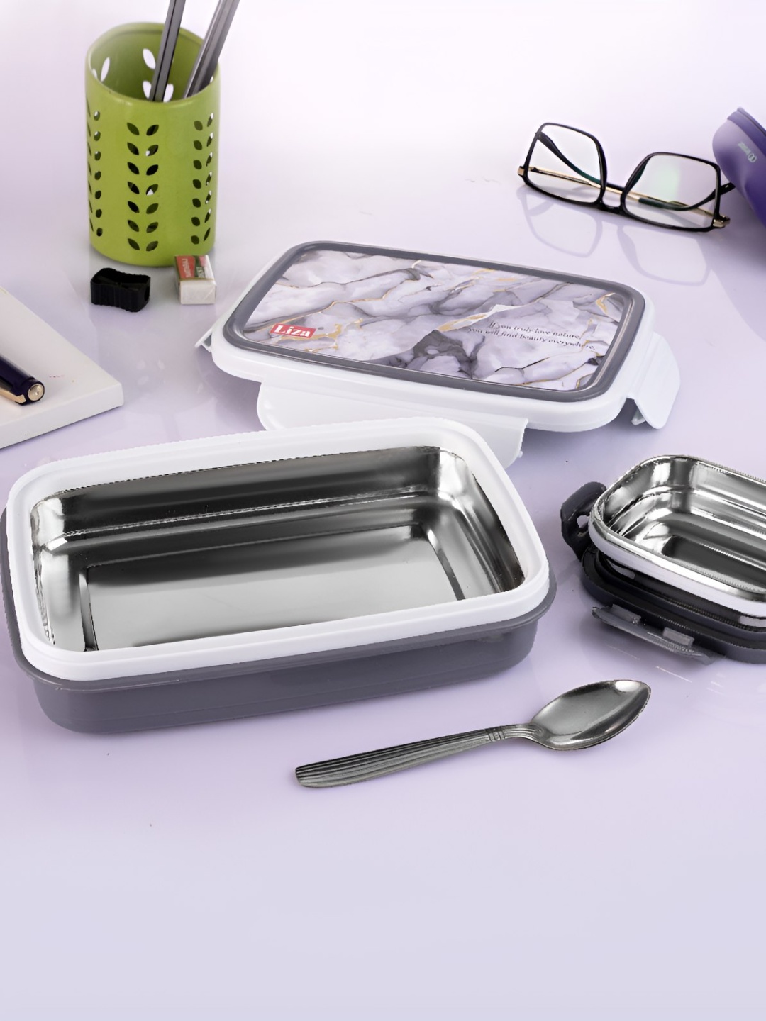 

NABHYA Grey & White 3 Pieces Stainless Steel Dishwasher Safe Lunch Box