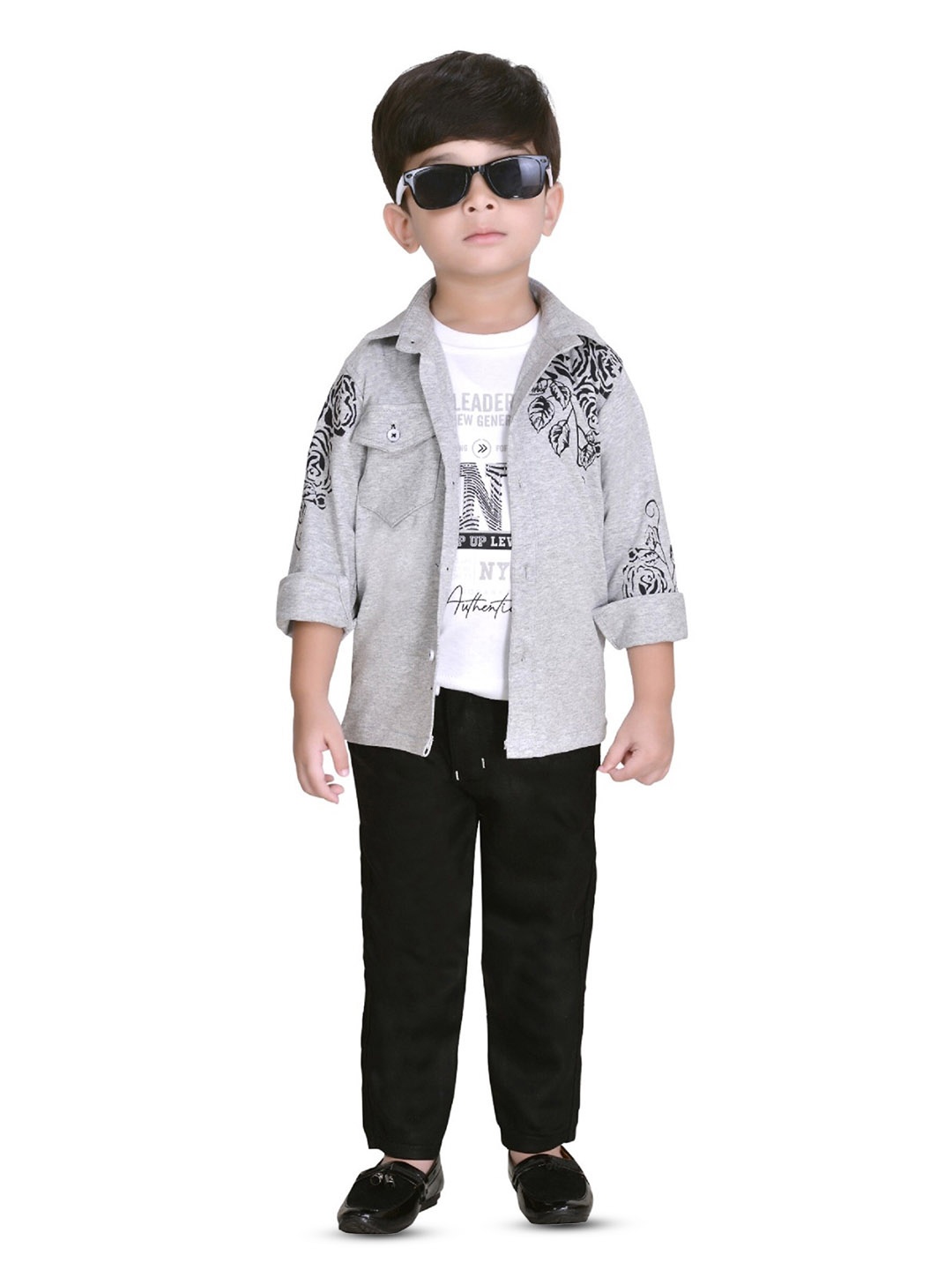 

BAESD Boys Printed Shirt Collar T-shirt & Shirt With Trouser, Grey