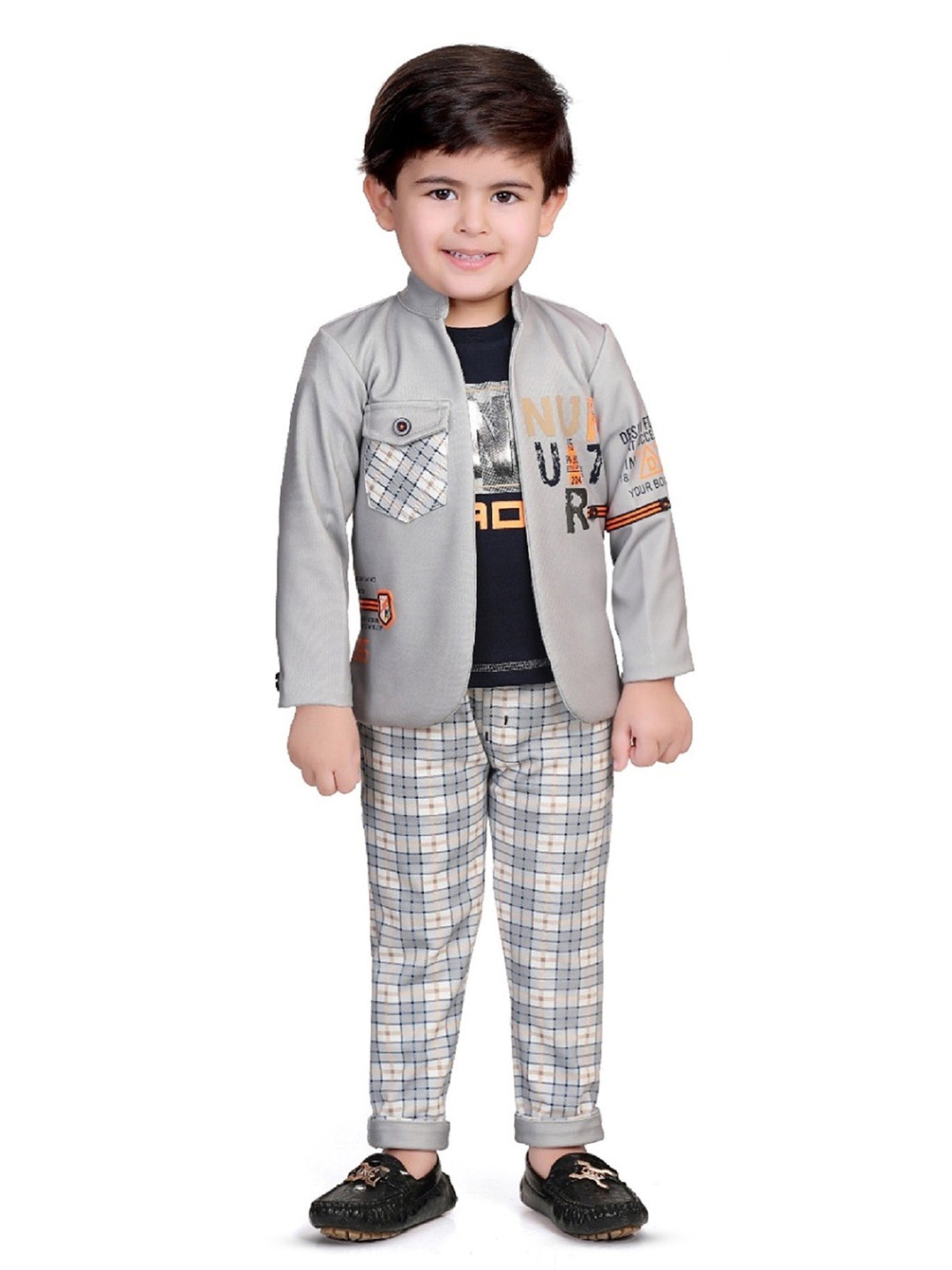 

BAESD Boys Printed Round Neck T-shirt & Shirt With Trouser, Grey melange