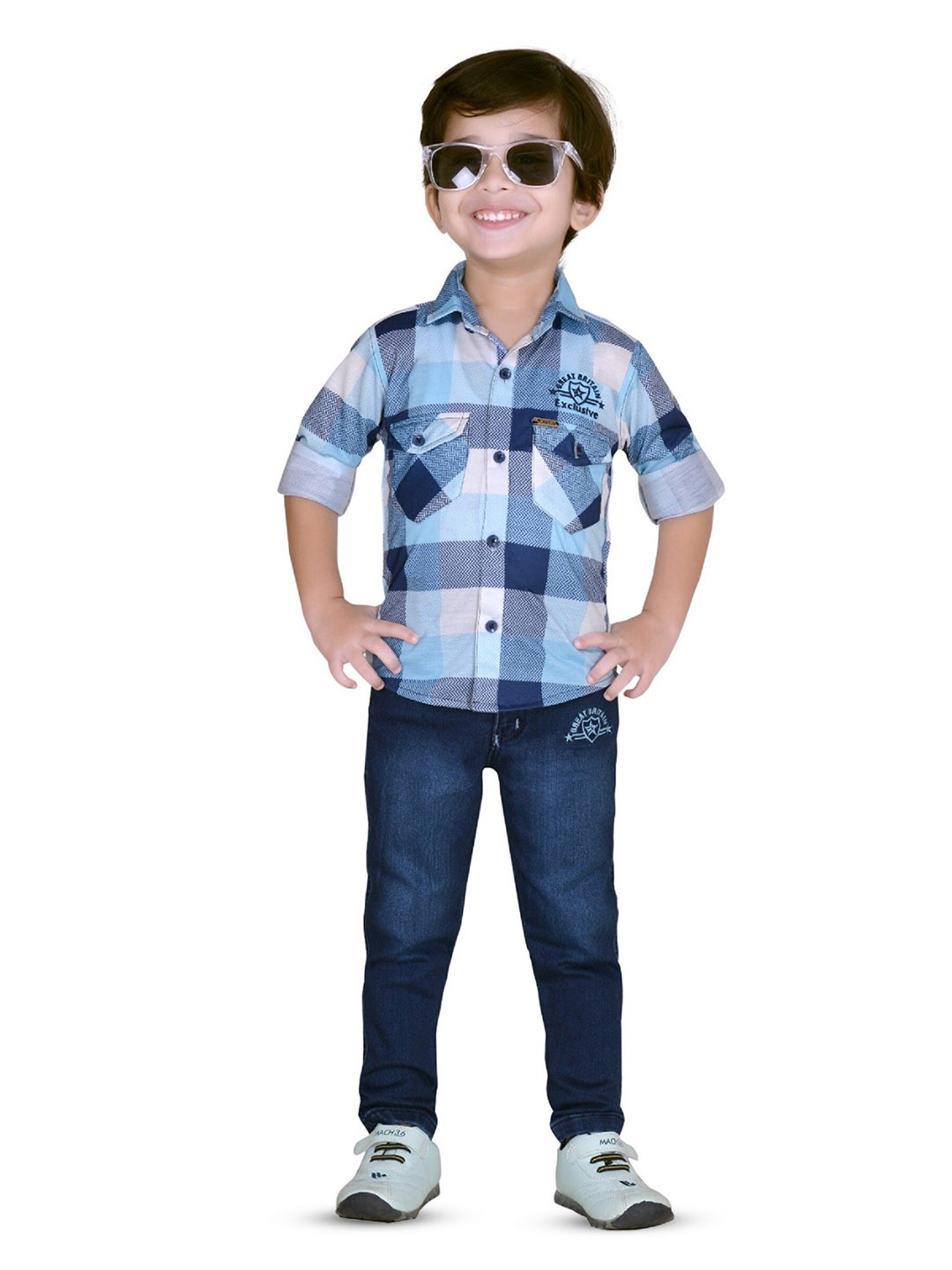 

BAESD Boys Checked Shirt Collar Shirt With Trouser, Blue