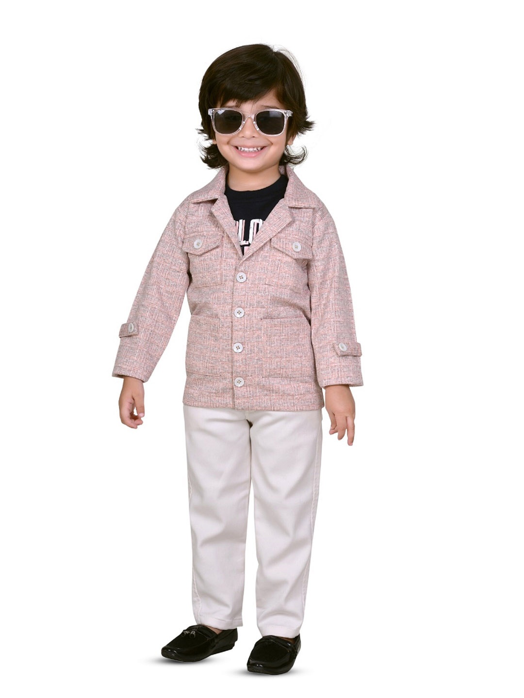 

BAESD Boys Printed Shirt Collar T-shirt & Shirt With Trouser, Pink