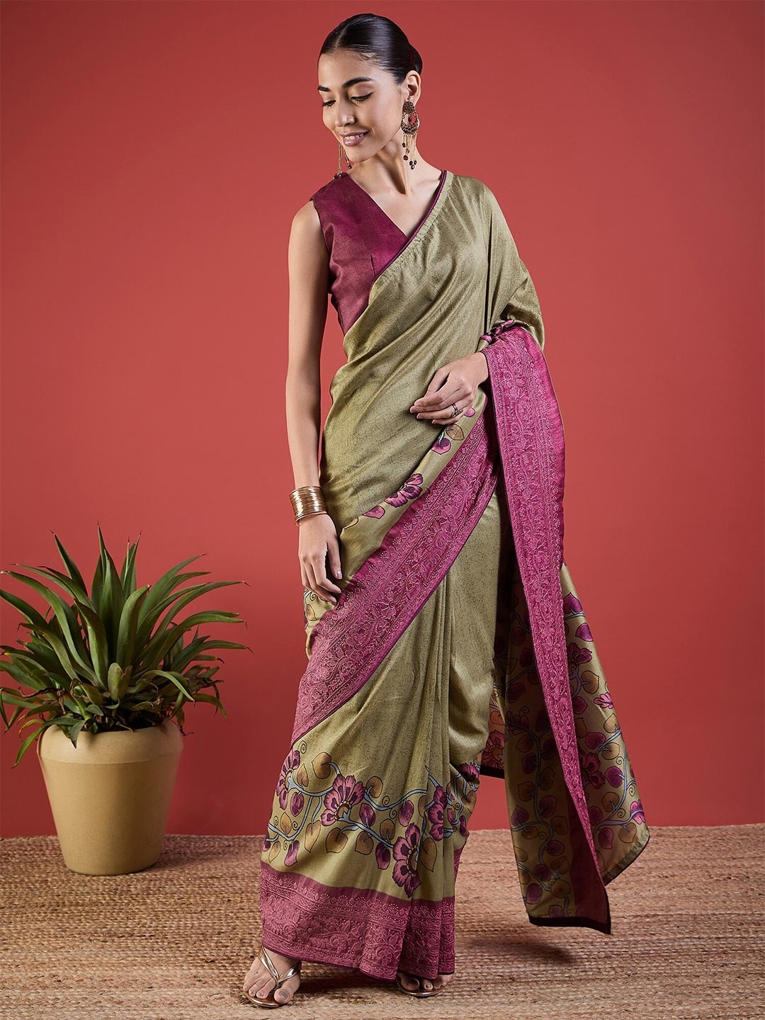 

Anouk Green Floral Printed Embroidered Tussar Silk Saree