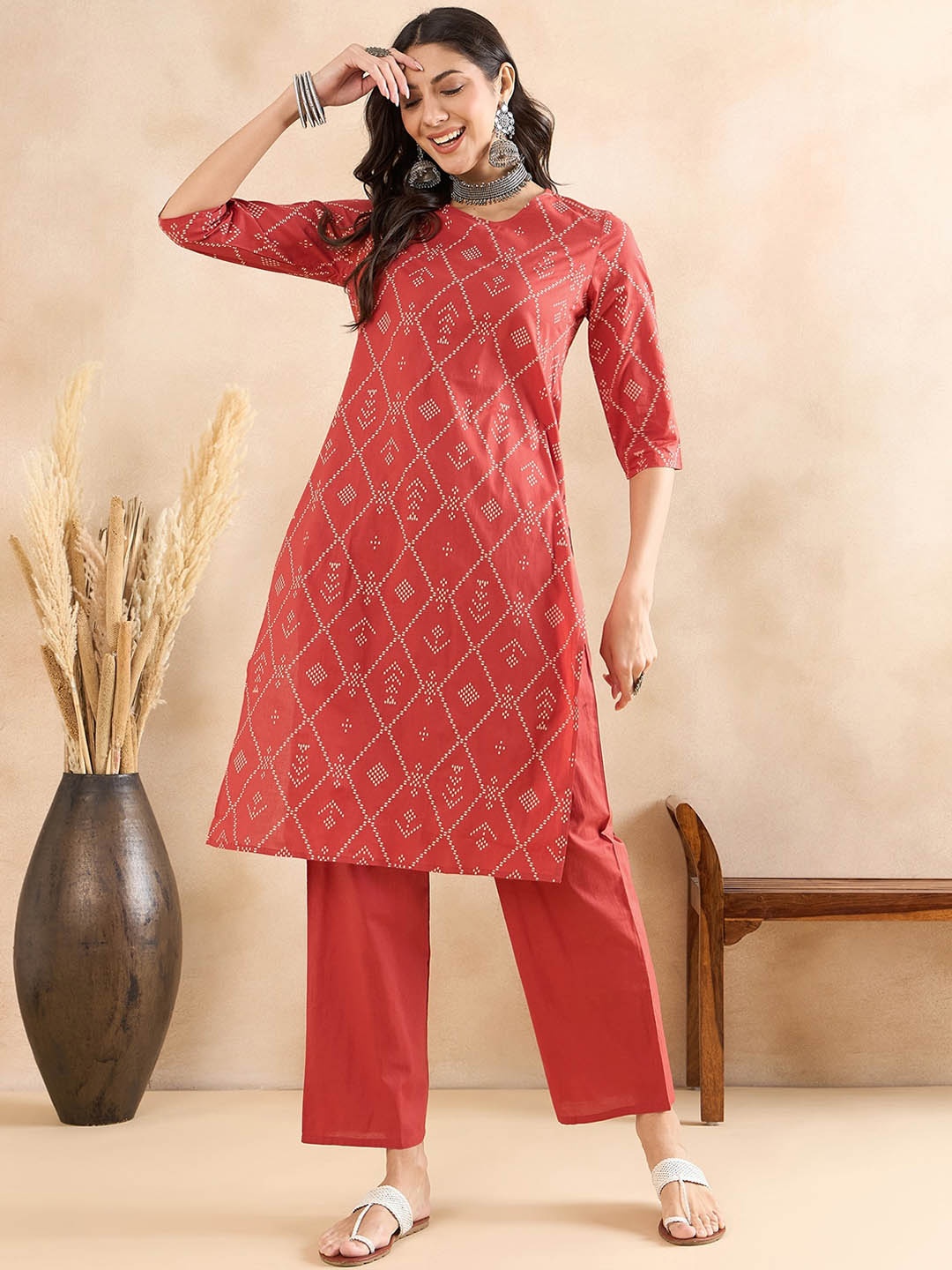 

Anouk Printed Regular Pure Cotton Straight Kurta with Trouser, Red